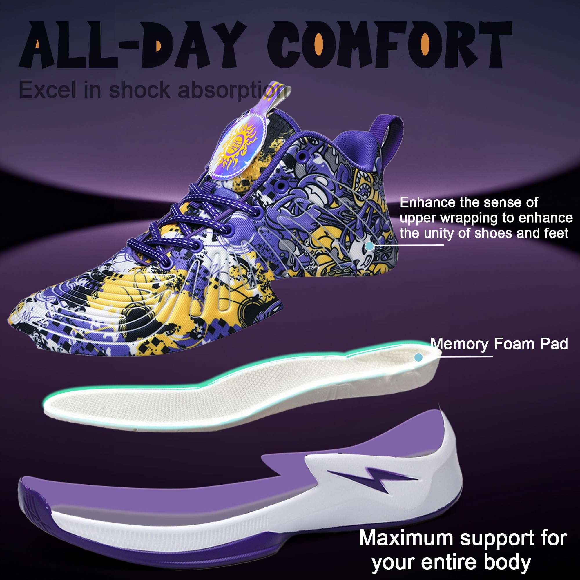 kniaiwx Men's High Top Basketball Shoes Lightweight Breathable Non Slip Gym Sneakers Suitable Training Sports Purple-1 Size 10.5 2