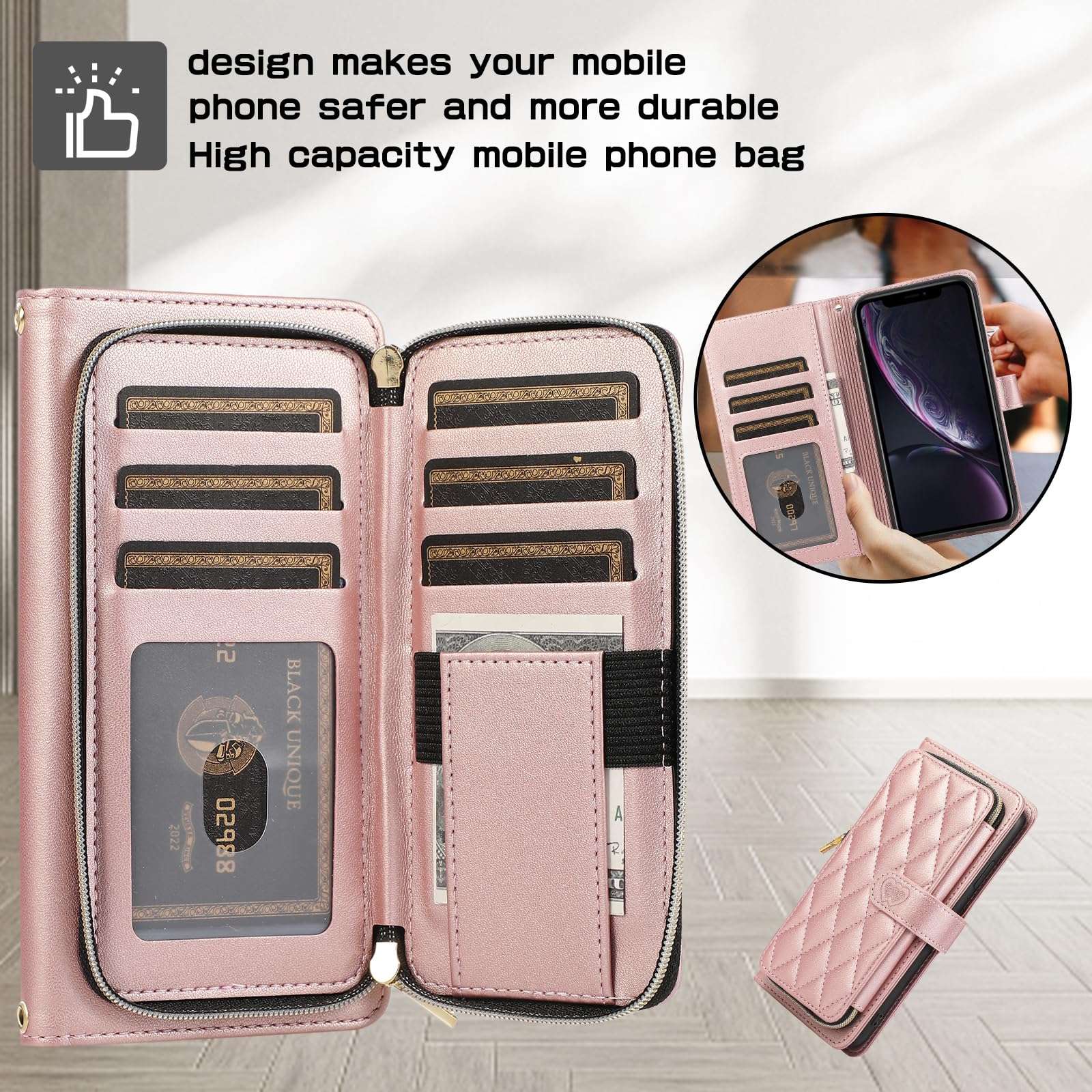 Furiet Argyle Wallet Case for iPhone XR 6.1 with Wrist Strap Shoulder Strap Card Slot Zipper Purse PU Leather Stand Phone Cover for iPhoneXR iPhone10R i Phonex 10XR 10R RX CR iPhoneXRcases Rose Gold 5