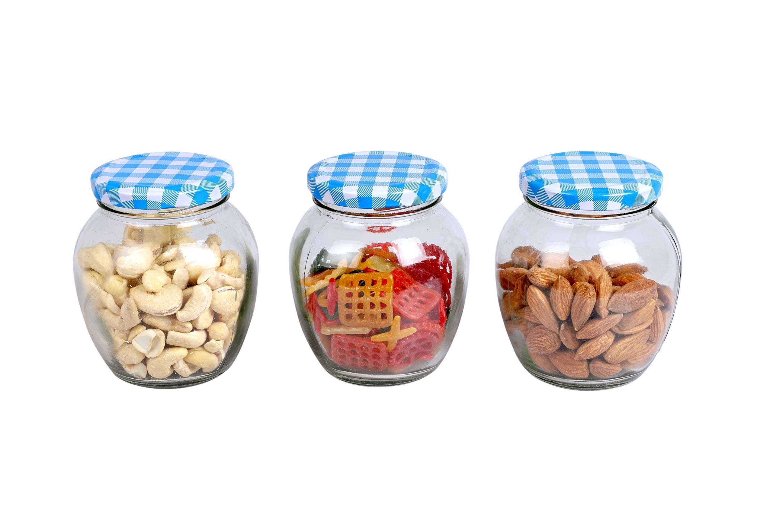 Glass Jars and Containers of Various Jars Shape with Air Tight Lid(Blue Checks lid) (350 ml) (4) 6