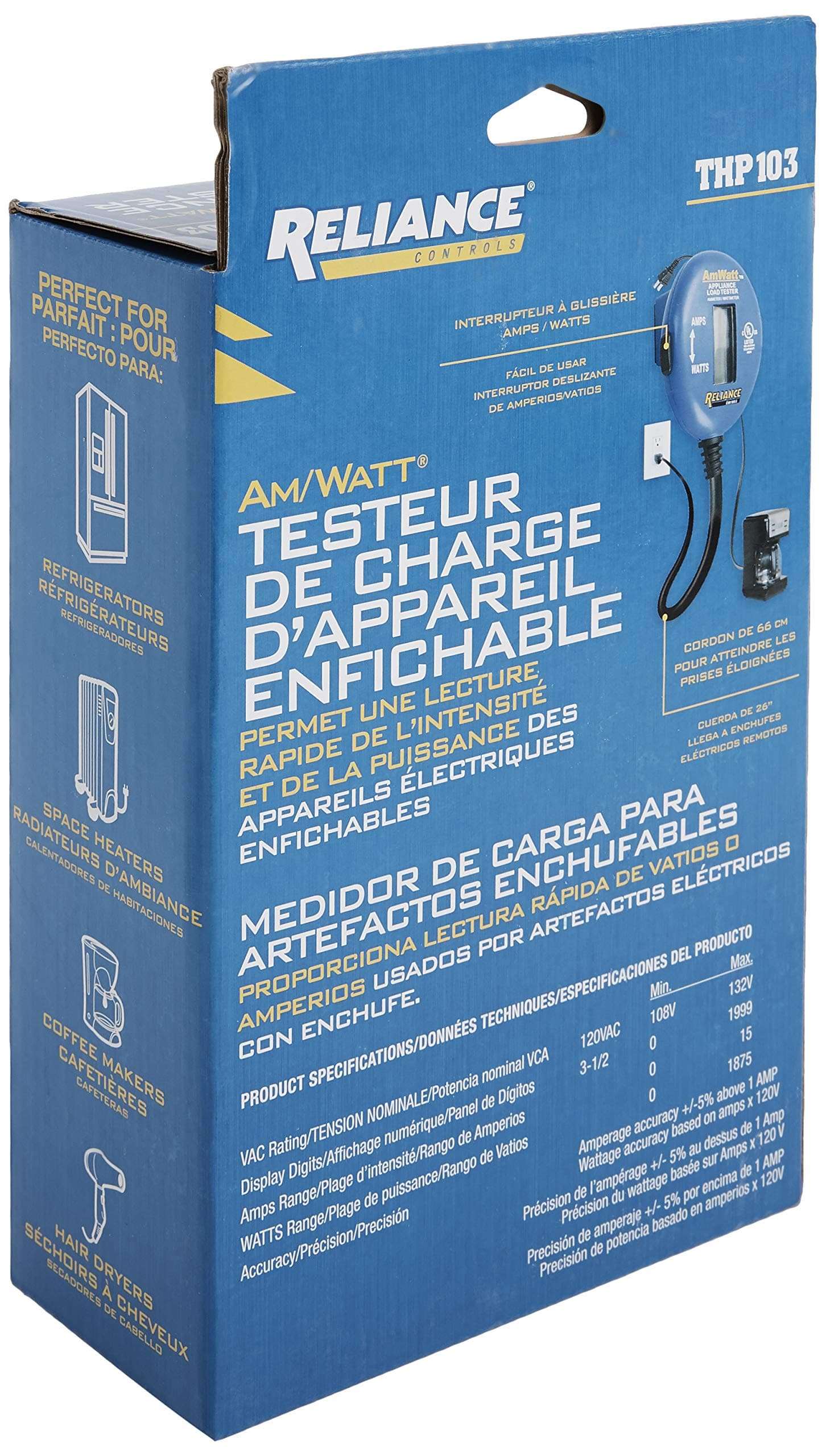 Reliance Controls Ammeter and Wattmeter THP103 AmWatt Appliance Load Tester/Plug, 1-Pack, Blue 5