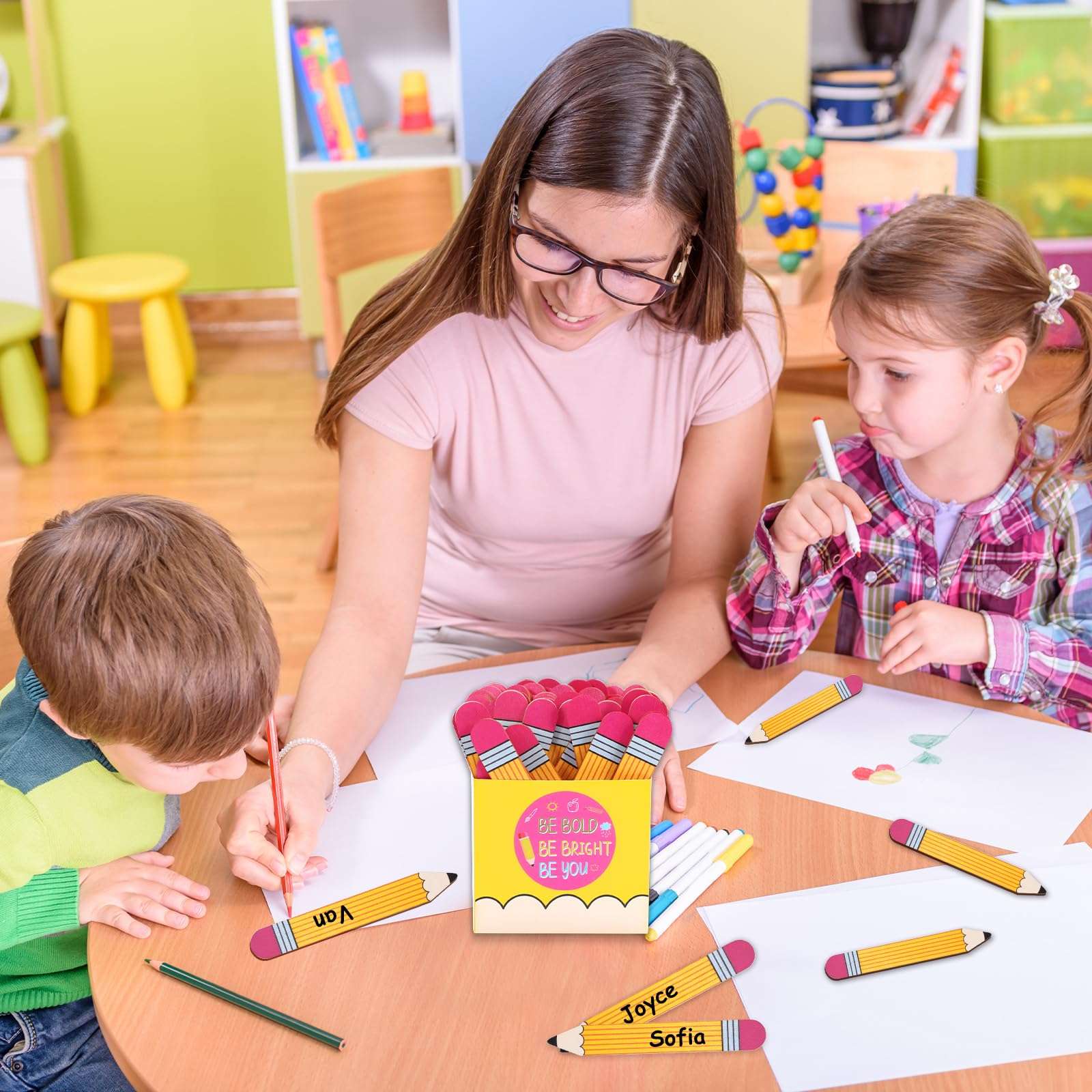 Whaline 101Pcs Back to School Pencil Flip Name Sticks with Carton Talking Flip Name Sticks Teacher Student Grouping Tally for Educational and Learning Classroom Supplies 5