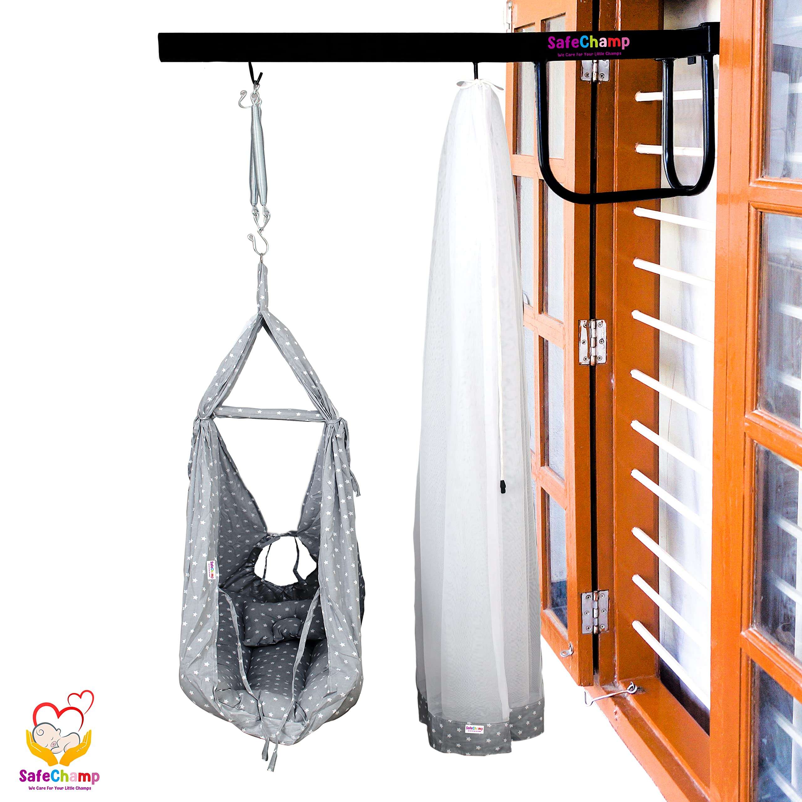 SafeChamp Roxy Baby Swing Cradle with Mosquito Net, Pillow, Spring and Metal Window Cradle Hanger (Grey) 1