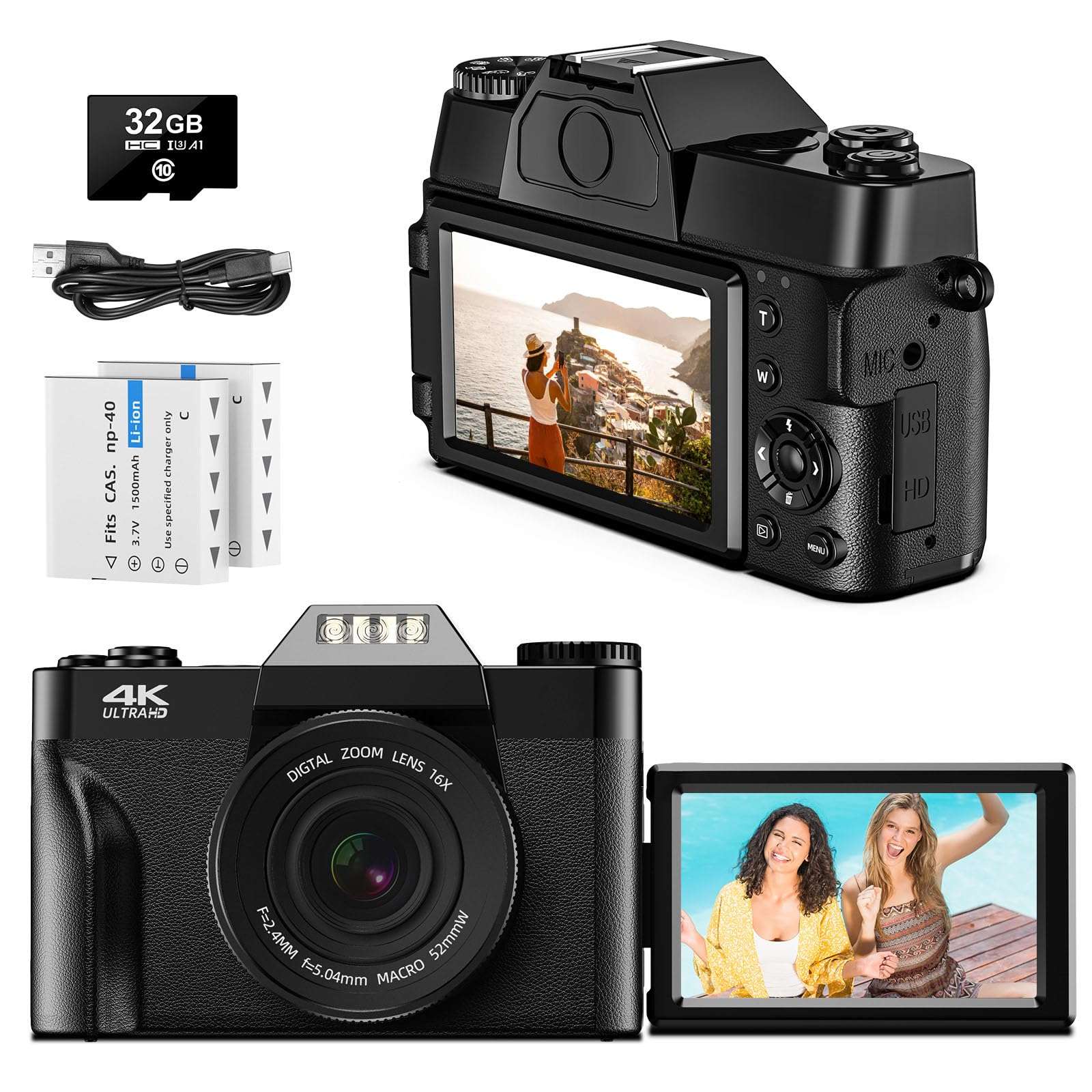 4K Digital Camera, Autofocus 56MP Point and Shoot Digital Cameras 16X Digital Zoom, 3.0'' Compact Digital Camera, Kids Digital Camera with 2 Batteries and a 32GB SD Card, for Teens Students 1