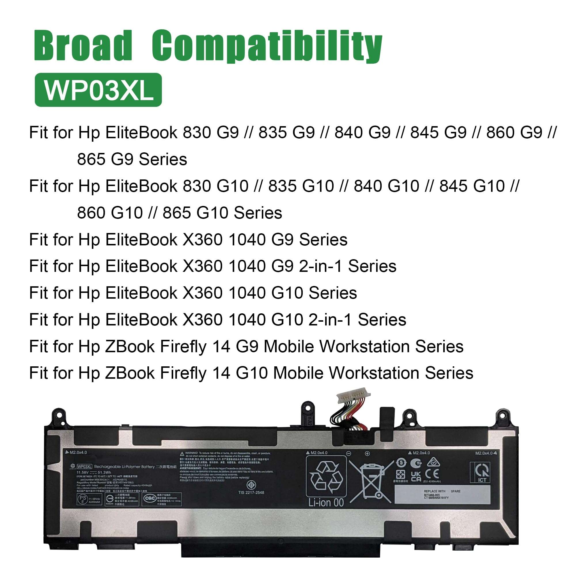 JIAZIJIA WP03XL M73466-005 Laptop Battery Replacement for Hp EliteBook 830 835 840 845 860 865 G9 G10 X360 1040 G9 G10 ZBook Firefly 14 G9 G10 Series Notebook HSTNN-OB2J M64304-AC1 11.58V 51.3Wh 5