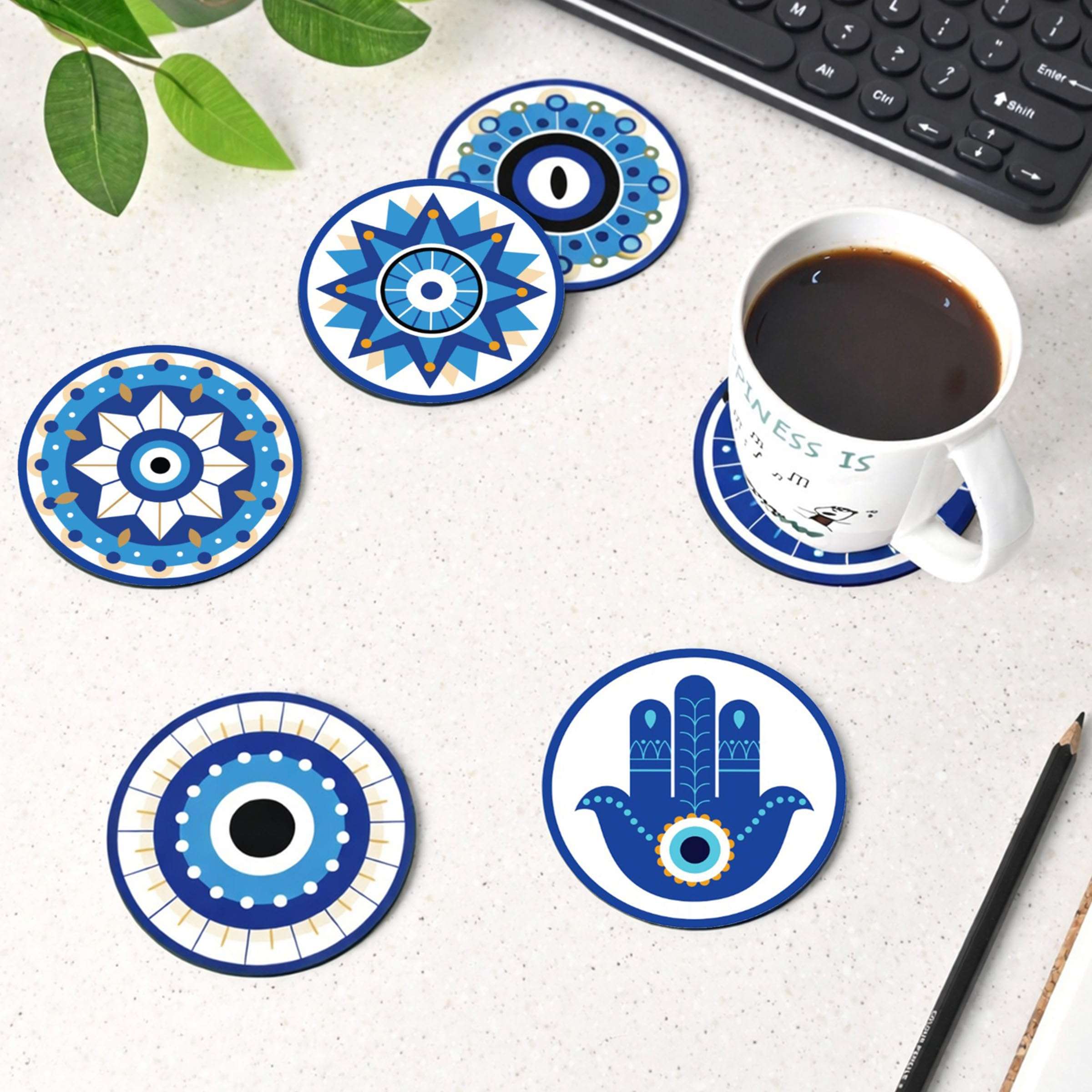 GKD Coaster Set of 6 Beautiful Wooden Evil Eye Theme Design Coasters with Proper Coaster Stand | Designer Coaster Set fit for Tea Cups, Coffee Mugs and Glasses | 6 pc Round 3.5 x 3.5 inch (Evil Eye) 1