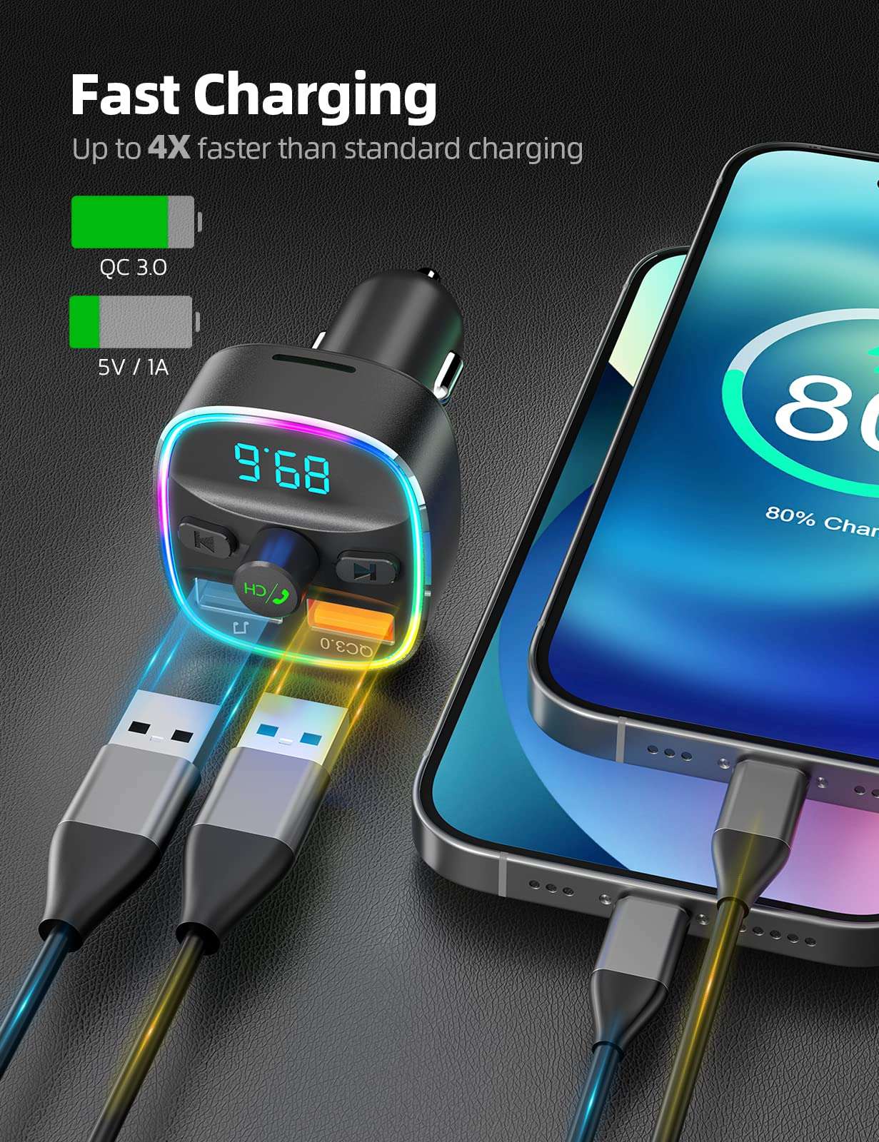 Nulaxy Bluetooth FM Transmitter, Bluetooth Car Adapter with Dual USB Charger Wireless Radio Car Kit MP3 Player Support TF Card & USB Disk, Hands-Free Calling, 7 Colors Led Backlit Light, Black 3