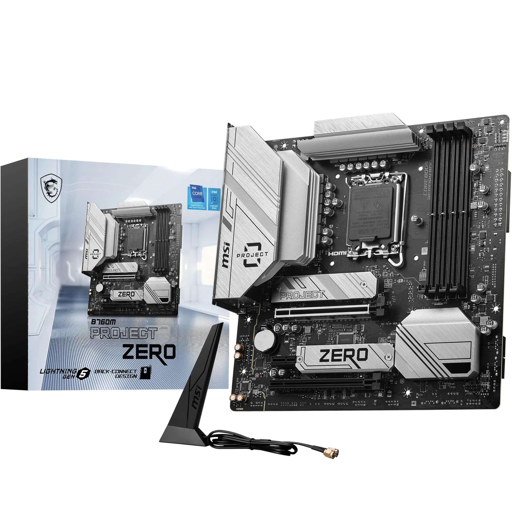 MSI B760M Project Zero, Back-Connect Micro-ATX - Supports 14th/13th/12th Gen Intel Core Processors, LGA 1700-75A DrMOS VRM, DDR5 Memory Boost 7800+MHz/OC, PCIe 5.0 x16, 2 x M.2 Gen4, Intel Wi-Fi 6E 1