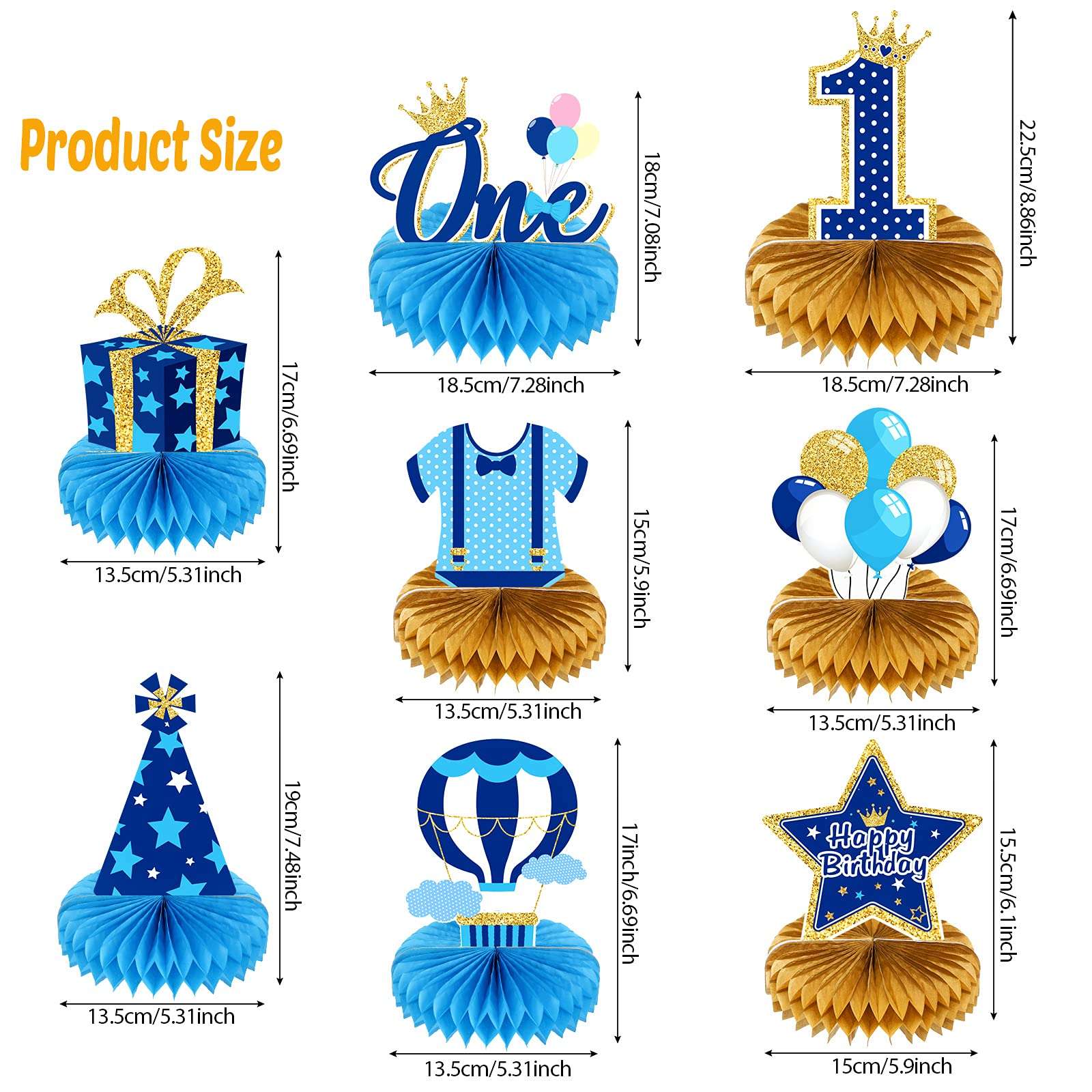 1st Birthday Boy Decorations Wild One Honeycomb Centerpieces First Birthday Table Toppers for Baby Boy First Birthday Party Favor Supplies Photo Booth Props, Blue and Gold, 8 Pieces 3