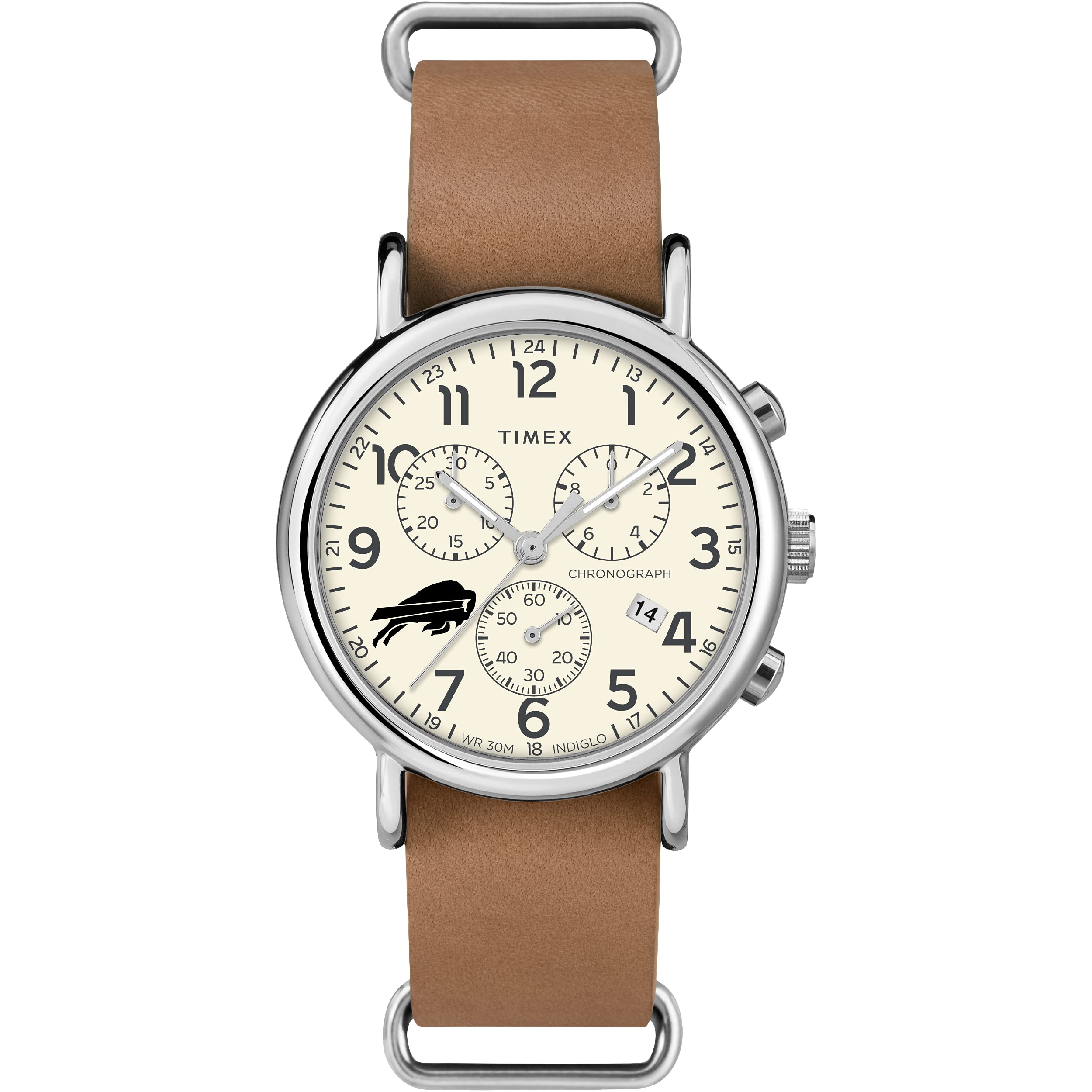 Timex Men's NFL Weekender Chrono 40mm Watch – Buffalo Bills with Tan Genuine Leather Slip-Thru Strap