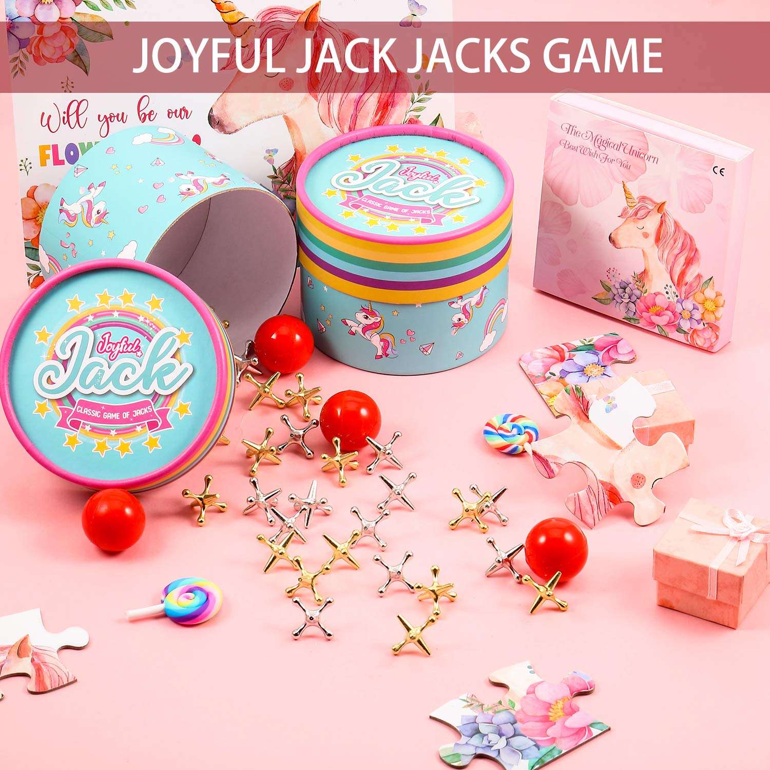 4 Set Joyful Jacks Game Set Include 4 Pieces Bouncy Rubber Balls 40 Pieces Classic Jack Stones Gold and Silver Metal Jacks and Instructions for Boys Girls and Adults 4