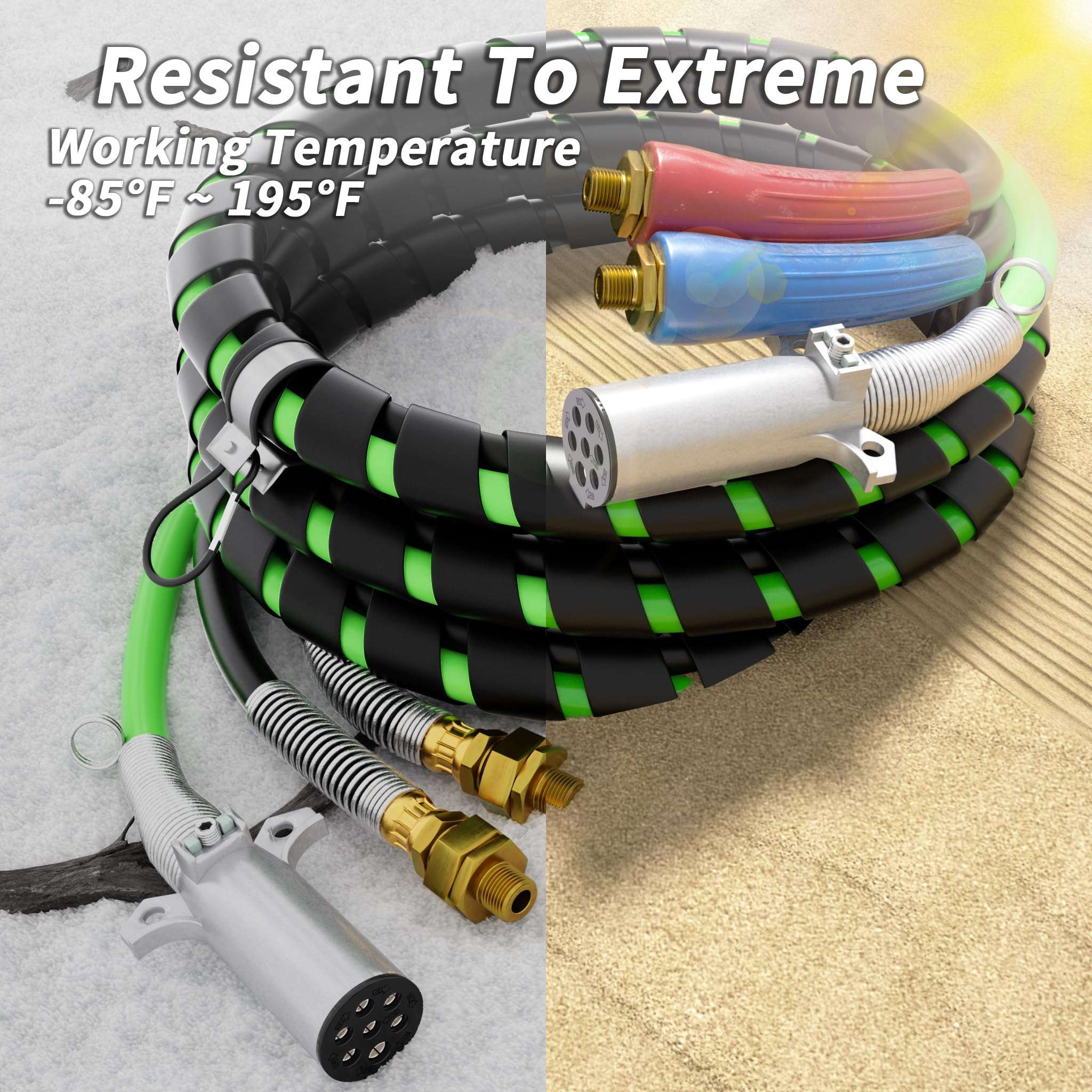 PlugSaf 12FT 3 in 1 Trailer Air Line Hose Kit Assembly with 7 Way ABS Electrical Power Cable Airline Hose Wrap for Semi Trucks Trailer Tractor 5