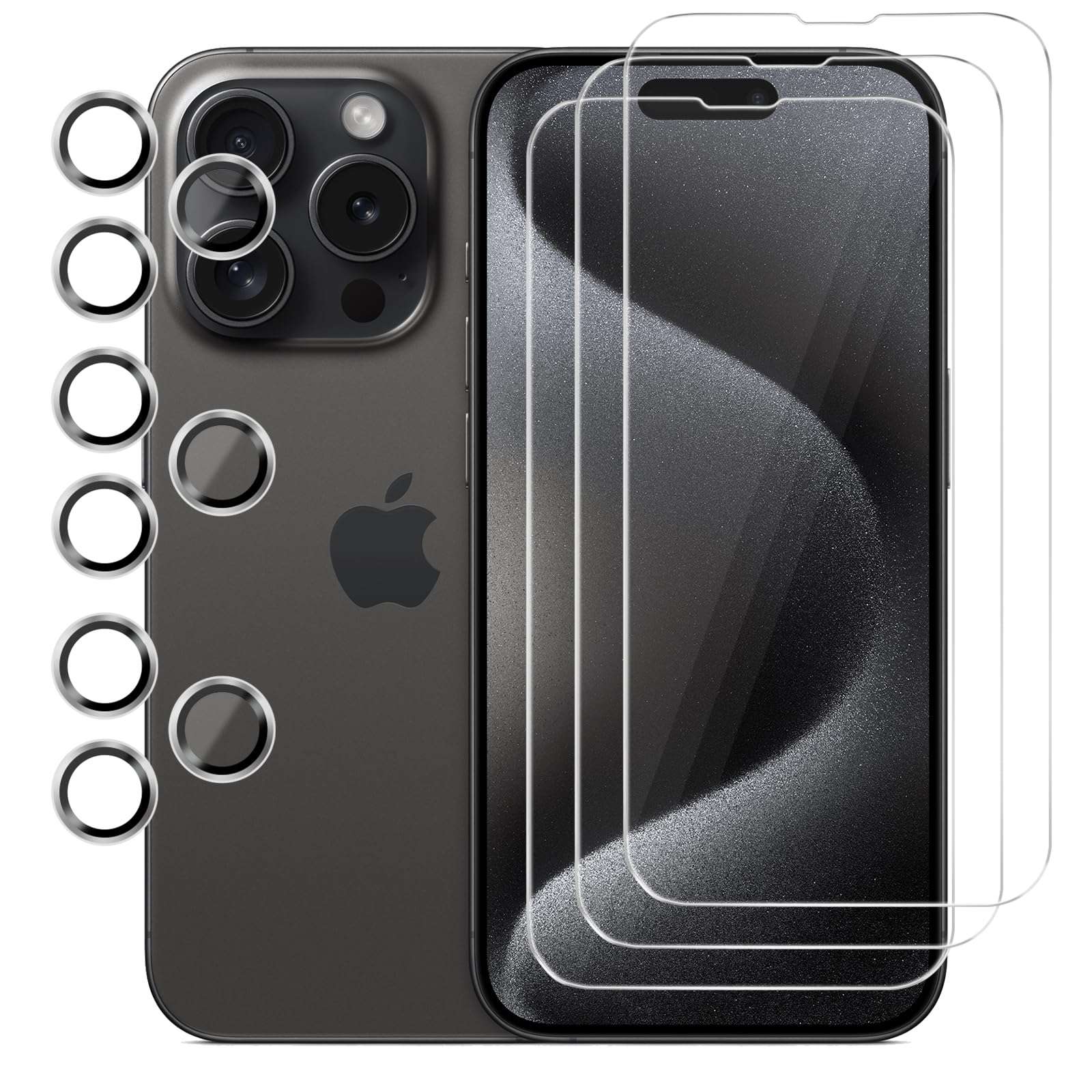 GLIMALL 3 Pack Screen Protector for iPhone 15 pro with 3 Pack Camera Lens Protector, HD Tempered Glass, 9H Hardness, Full Coverage, Scratch-Resistant, Waterproof, Bubble-Free 1