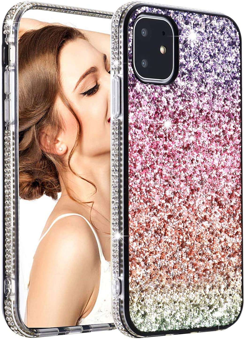 Case for iPhone 12 / iPhone 12 Pro Girl Women Rainbow Glitter Case Bling Protective Sparkle Shiny Case Anti-Slip Durable Shockproof Rhinestone Drop Protection Cover for iPhone 12 Gradual Pink