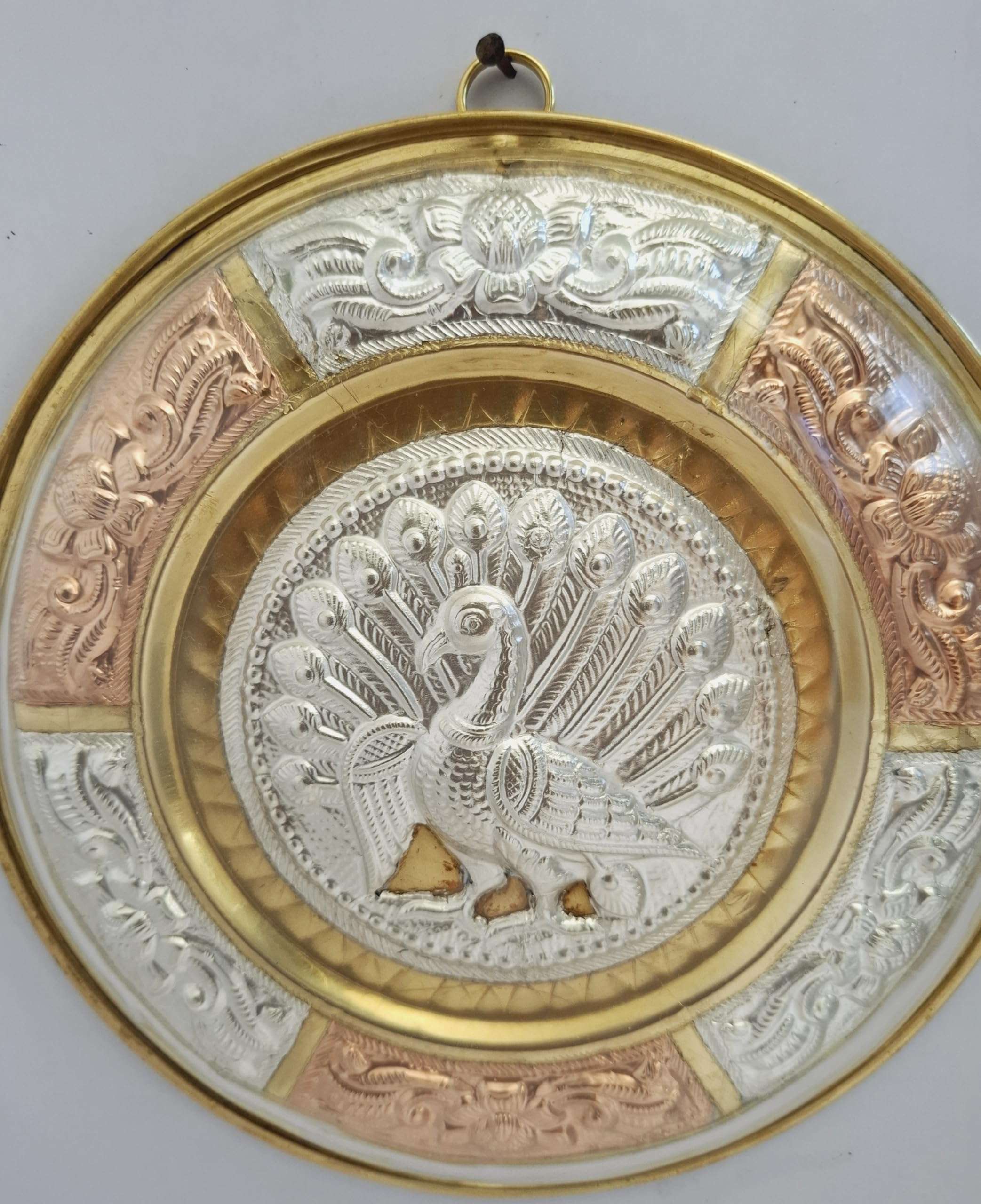 JLine Arts Peacock 7 Inches Thanjavur Art Plate, Pure Silver, Metal Art with Wall Hanging and Unbreakable Fibre Glass on The Front 6