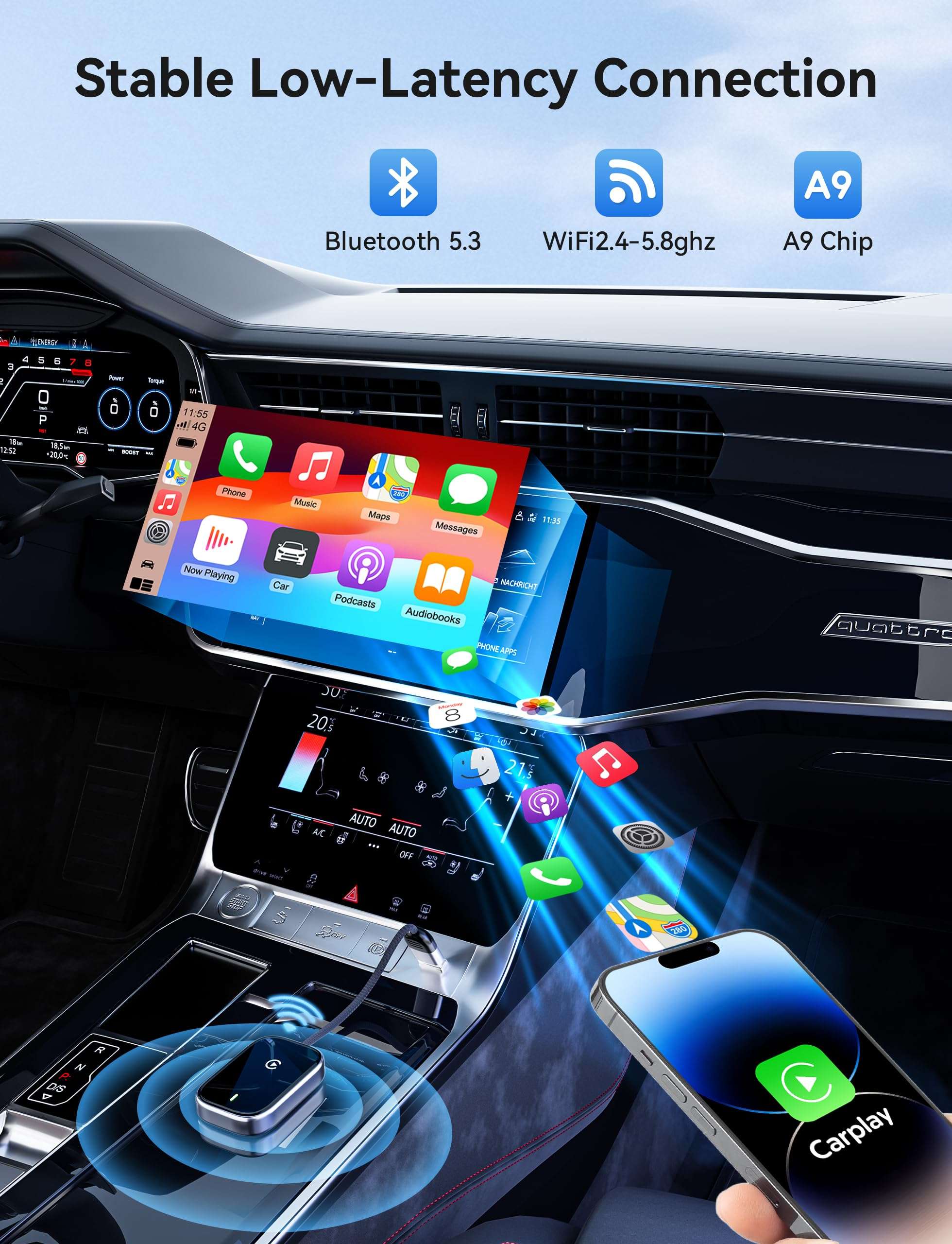 Redlake Wireless CarPlay Adapter for iPhone Mini Size Wireless Apple CarPlay Adapter for USB & USB-C/Type-C Plug and Play Black (Matte Black) 3