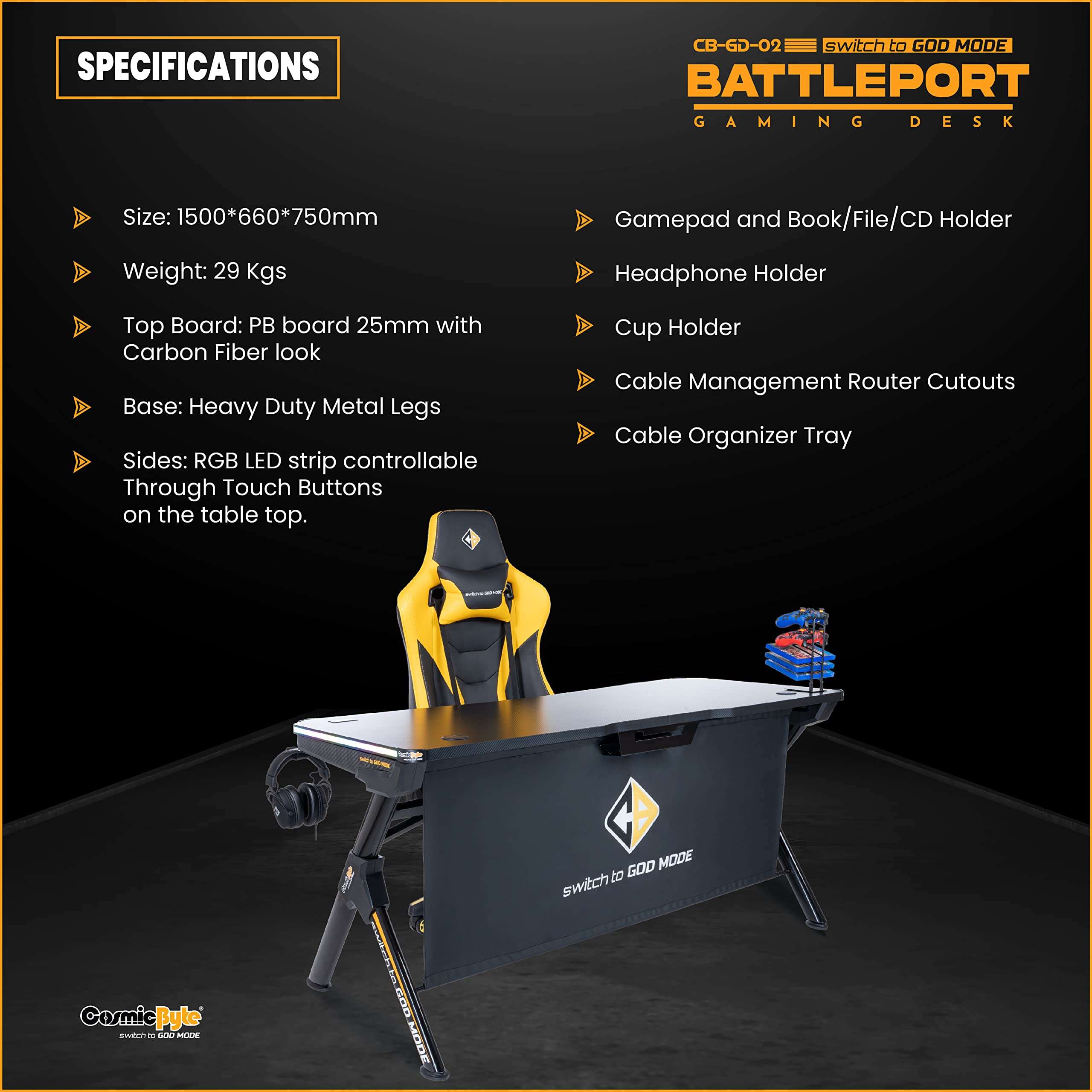 Cosmic Byte CB-CD-02 Battleport Computer Desk with RGB Touch Control (Black) 5