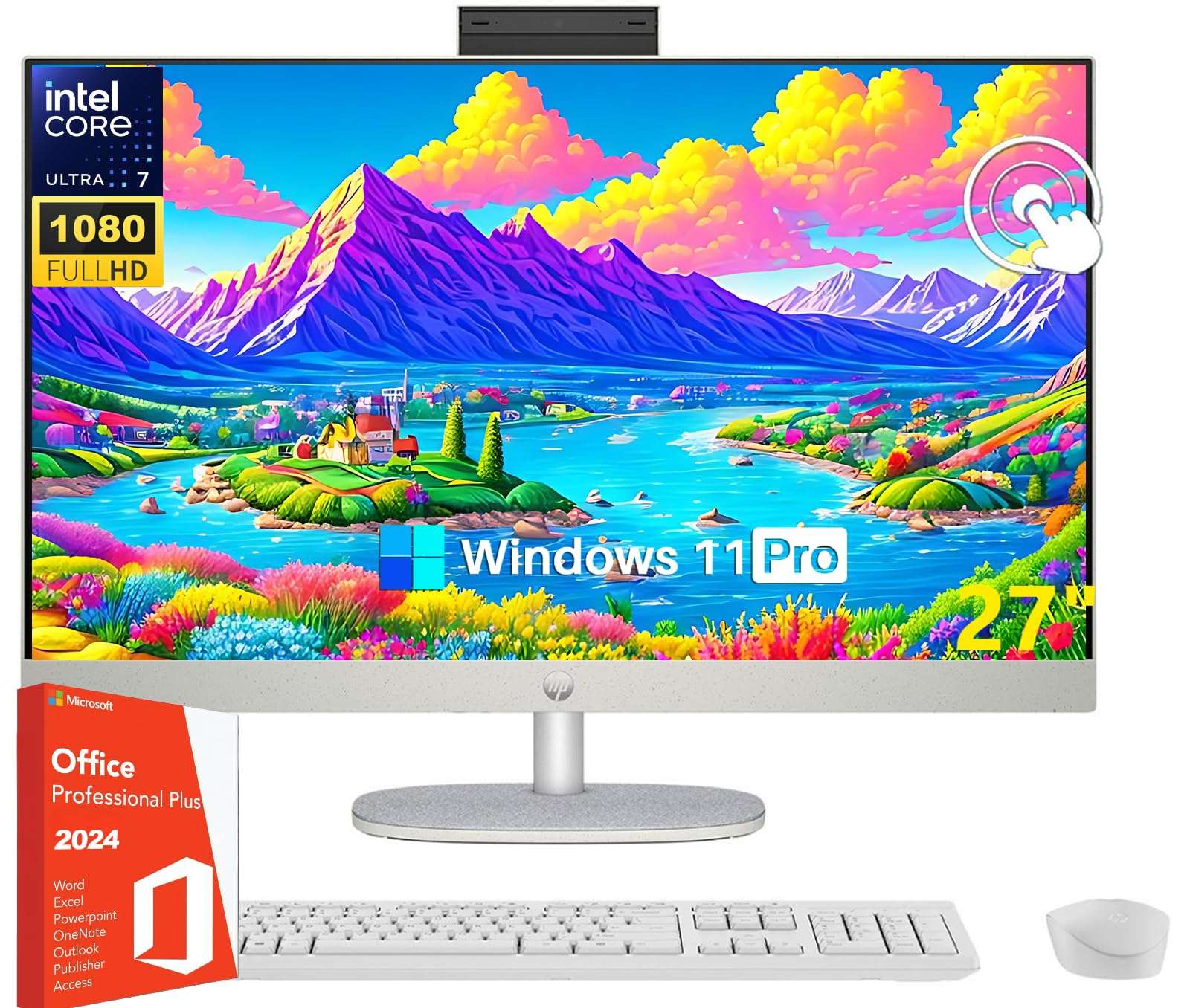 HP 27" All-in-One Desktop Computer, FHD IPS Touchscreen, Intel 12-core Ultra 7 155U (Up to 4.8 GHz), 32 GB DDR5, 2 TB SSD, Wi-Fi 6, HDMI, Wireless KB & Mouse, Windows 11 Pro, w/Lifetime Office 2024 2