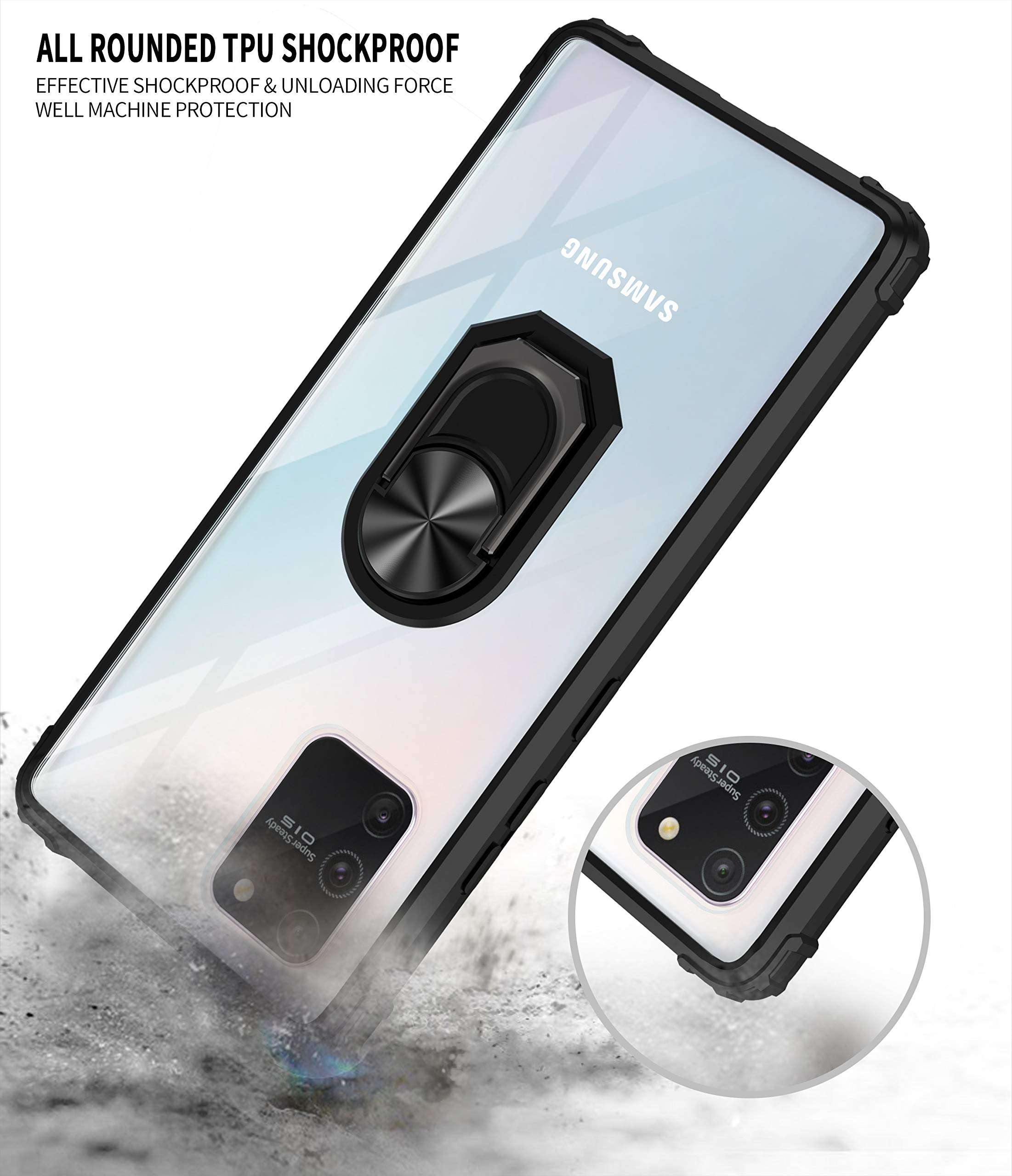 AFARER Compatible with Samsung Galaxy S10 Lite/ A91/ M80S Case Crystal Clear Series Military-Grade Anti-Yellow Shock Back Cover Ring with 360 Ring Magnetic Car Mount Kickstand - Black 4
