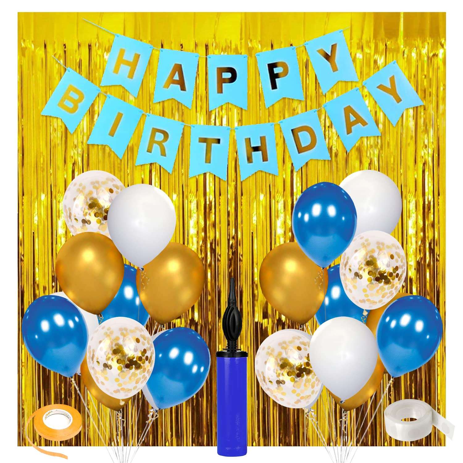Zyozique Blue and Gold Birthday Decorations & Birthday Decorations For Men,Foil Curtain,Happy Birthday Banners,Mettalic Balloons,Balloon Pump,Confetti Balloons,Glue Dot,Ribbon,For Boys Birthday And Baby 1st Birthday Supplies (Pack of 41) 1