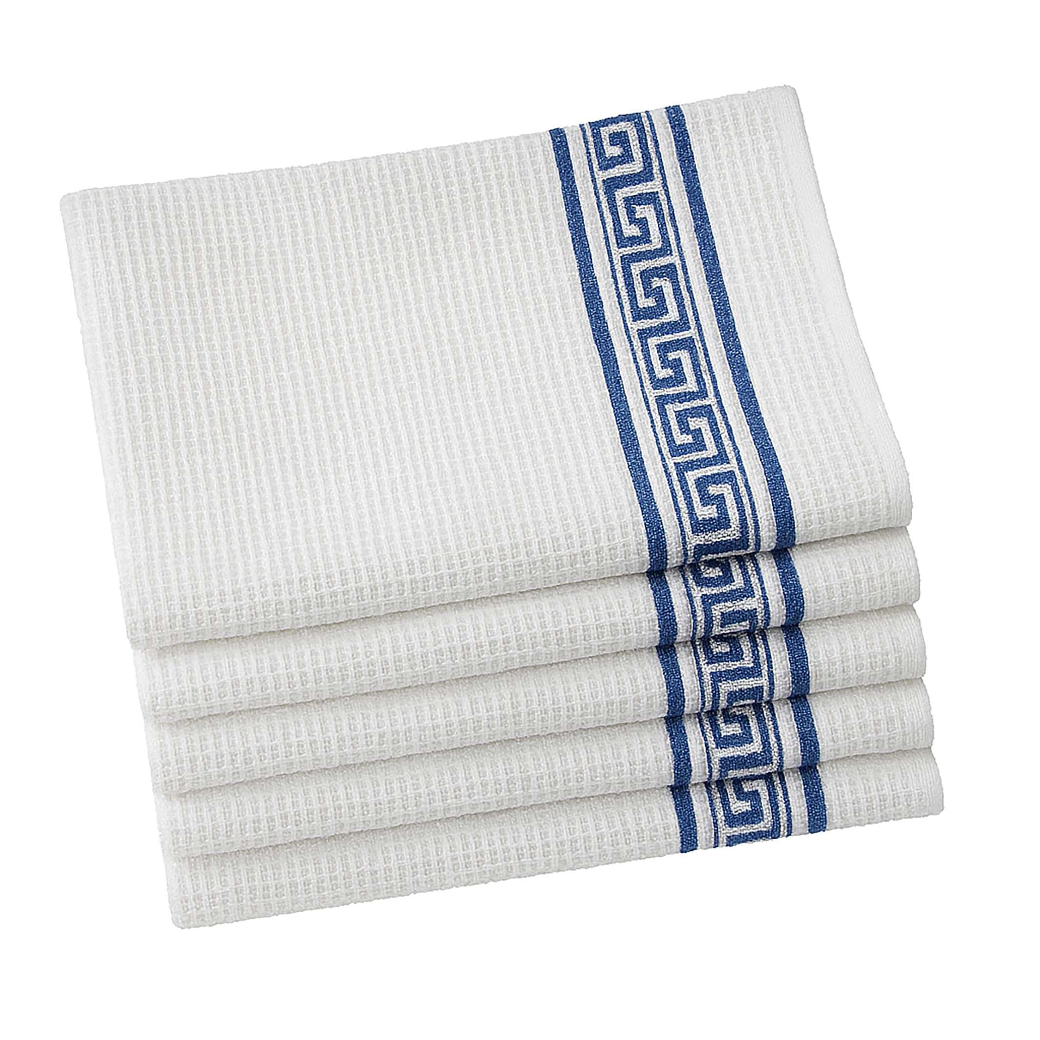 Attica Tracery 5 Pack Waffle Cotton Kitchen Tea Towels White 60x38 cm Highly Absorbent Dish Towels for Cleaning Dishes, Countertop Reusable Cloth Napkins Quick Dry Hand Towels (Blue Border) 1
