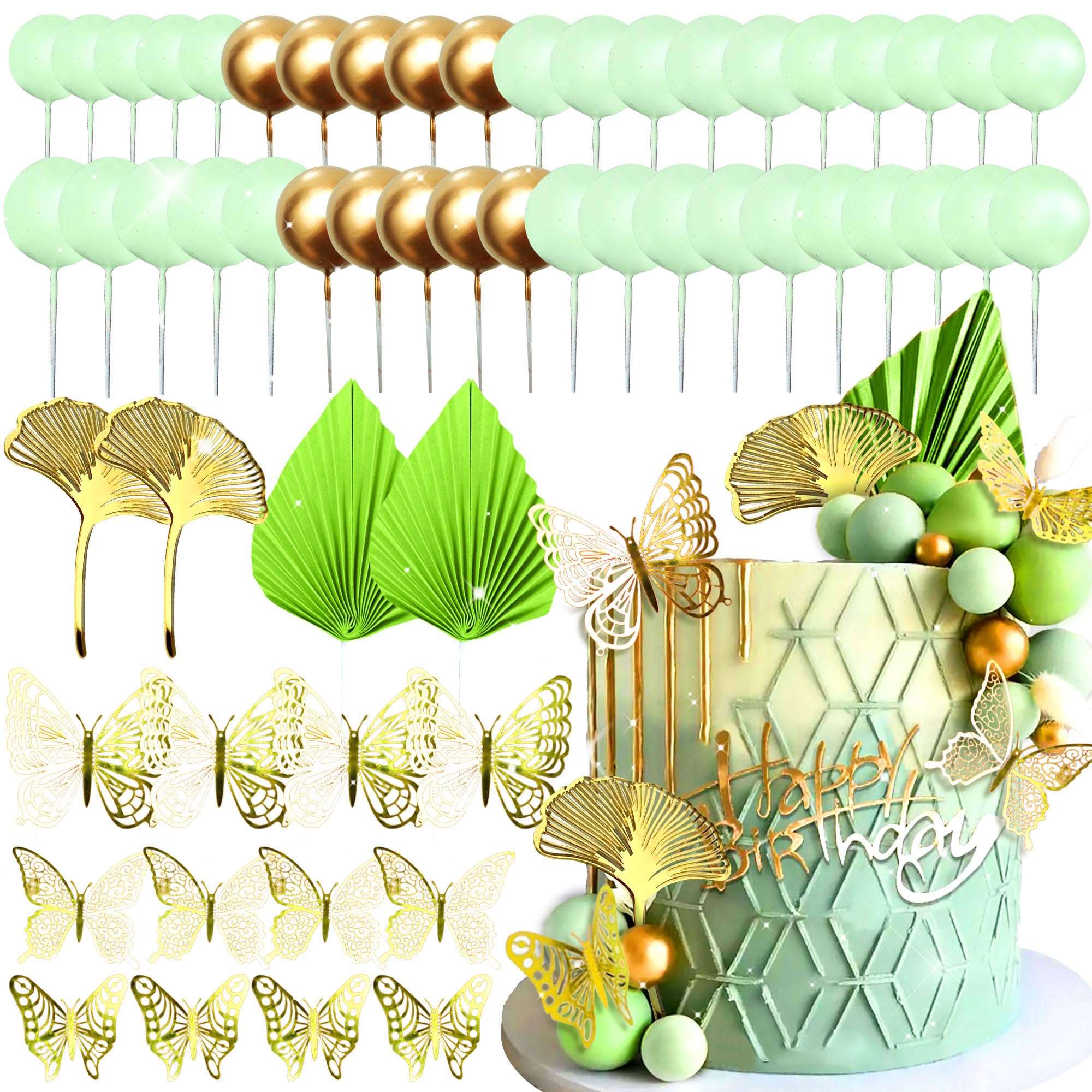 JeVenis Sage Green Rose Cake Decoration Balls Cake Decoration Gold Palm Leaves Cake Decoration Bohemian Cake Decoration Boho Cake Decoration White Gold Ball Cake Decoration Boho Party Supplies 1