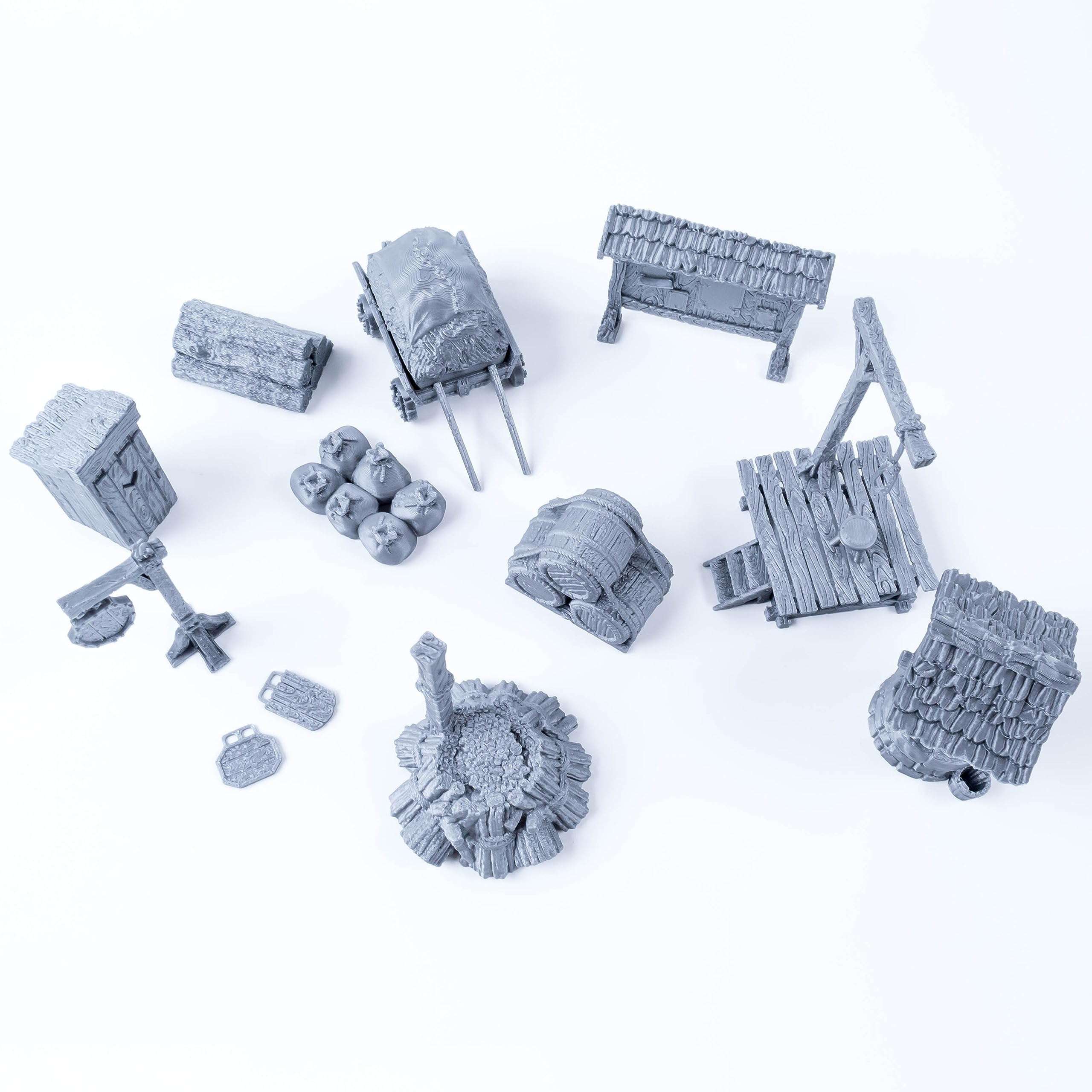 3D Vikings City Items Set – Comprehensive Terrain Accessories for Tabletop RPGs, Dungeons & Dragons, Warhammer – Includes Well, Toilet, Signs, Gallows, Newsboard, Cart, Wooden Stake – Unpainted 4