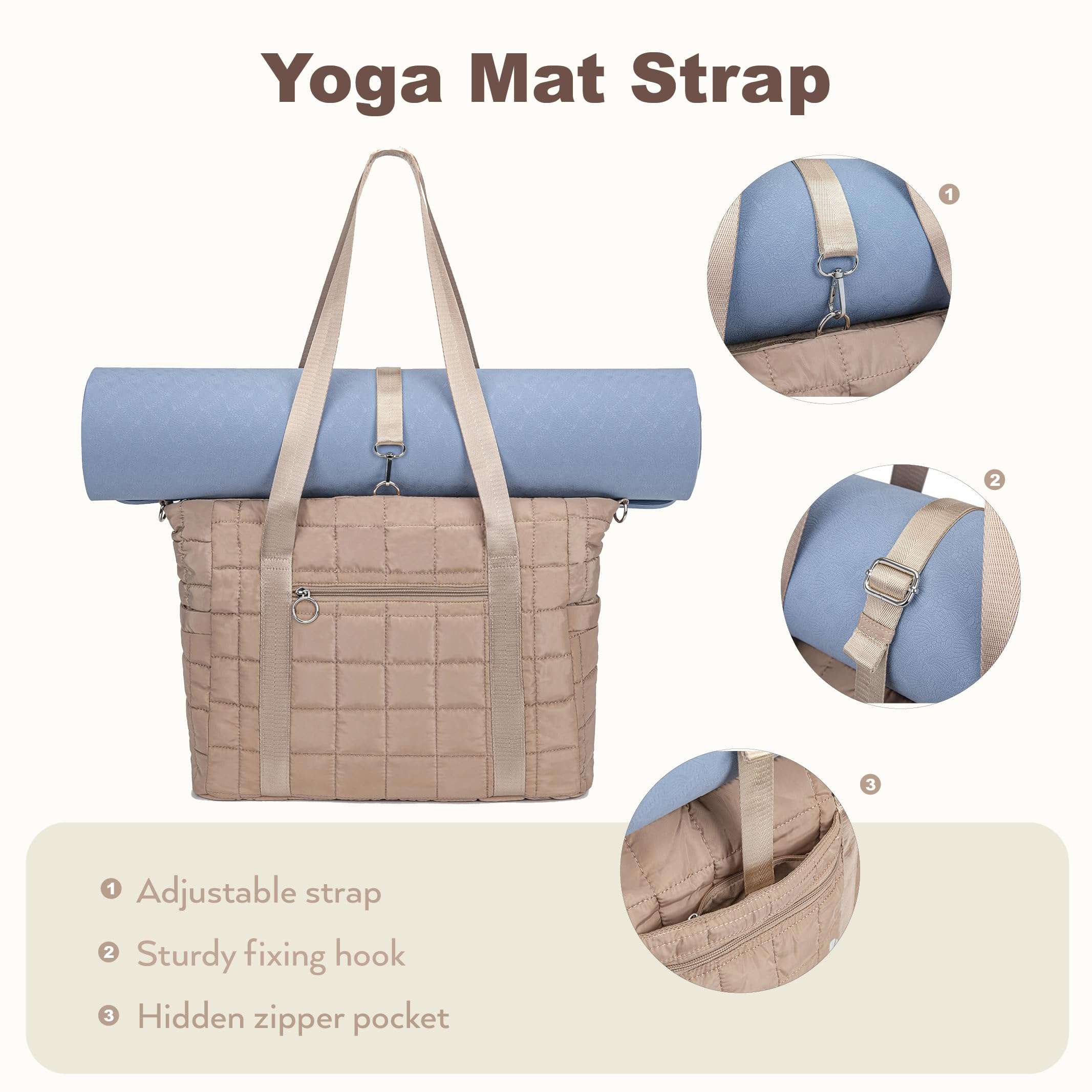 KAVIGOR Tote Bag for Women with Zipper, Quilted Gym Tote with Compartments, Puffer Shoulder Bag with Yoga Mat Straps for Travel, Sport, Work, Cream 4