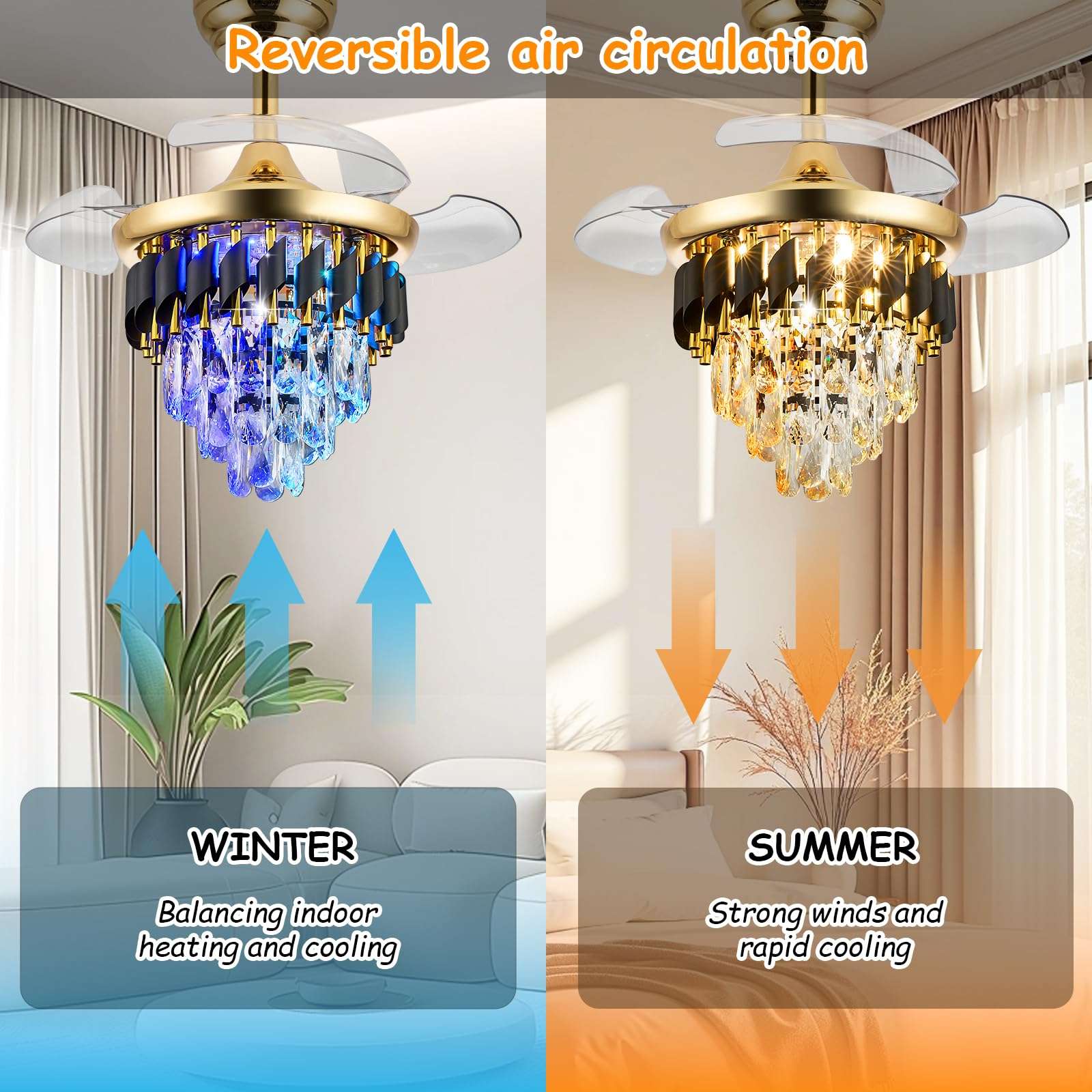 LumZeylith 30" Retractable Crystal Ceiling Fan with Light, RGB Modern Chandelier Fan 6 Speeds Reversible Blades Gold 6