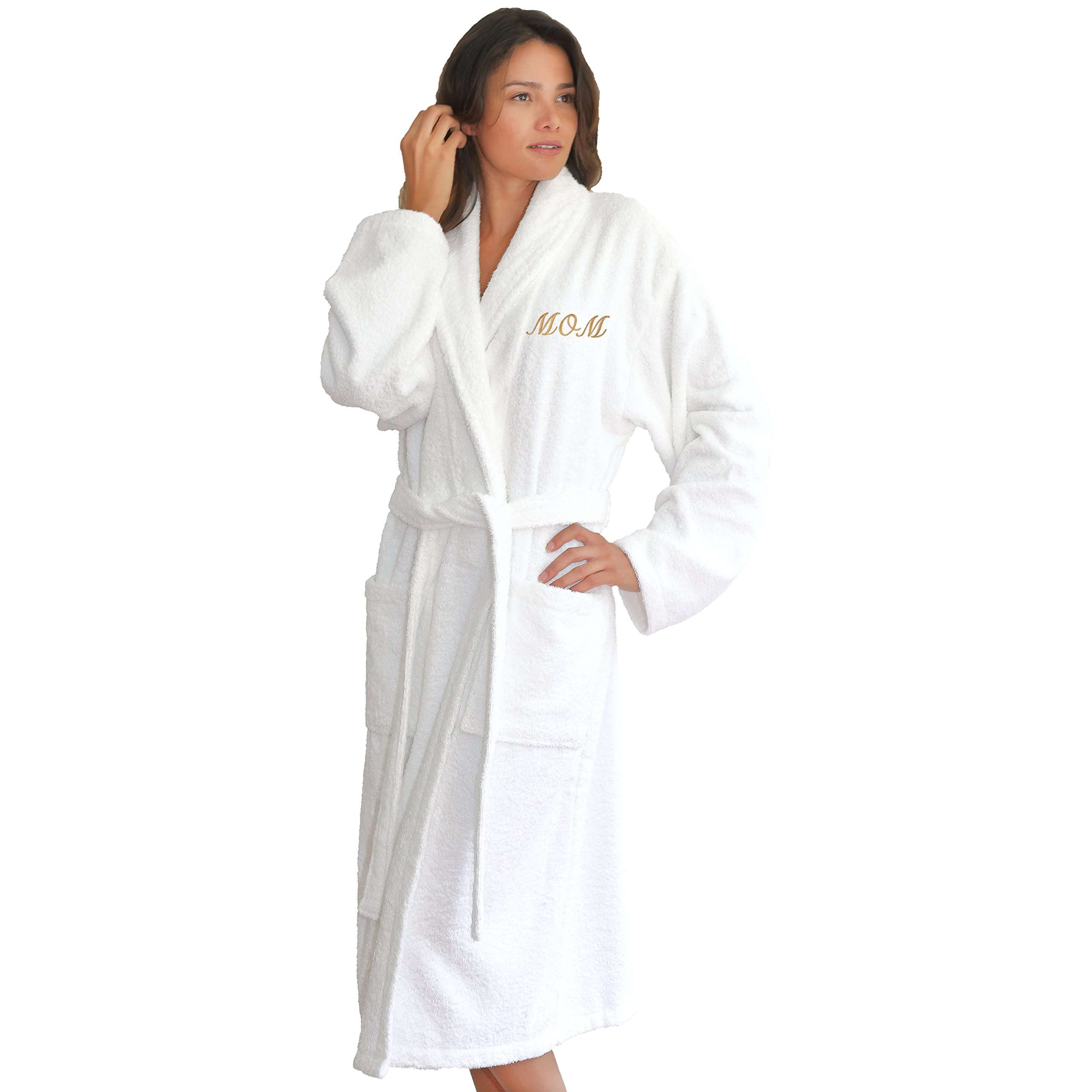 Linum Home Textiles TR00-LX-Momg White Terry Bathrobe for Mom, Large/X-Large, Gold Embroidery 2