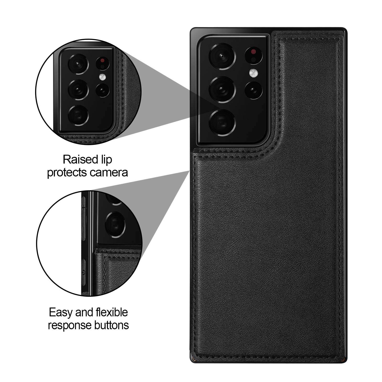 HianDier Compatible with Samsung Galaxy S21 Ultra Wallet Case 5G 6.8 Inch Slim Protective Case Credit Card Slot Holder Flip Folio Soft PU Leather Magnetic Closure Kickstand Square Cover, Black 2