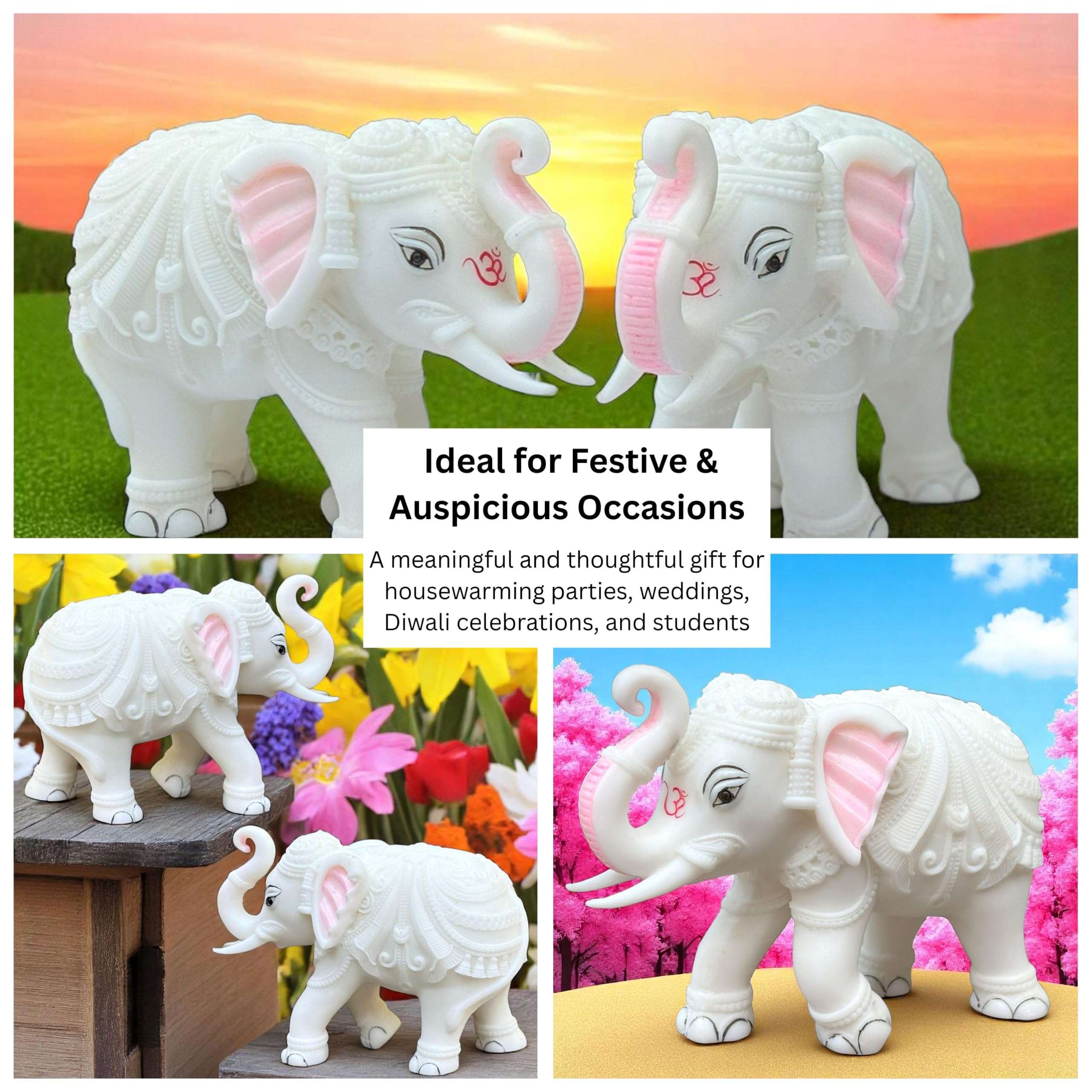 KRAFTSKALA White Marble Elephant Statue Pair (2x3 Inches), Trunk Up Decorative Elephant Figurine for Home Entrance, Living Room & Office, Vastu Feng Shui Diwali, Prosperity Gift 6