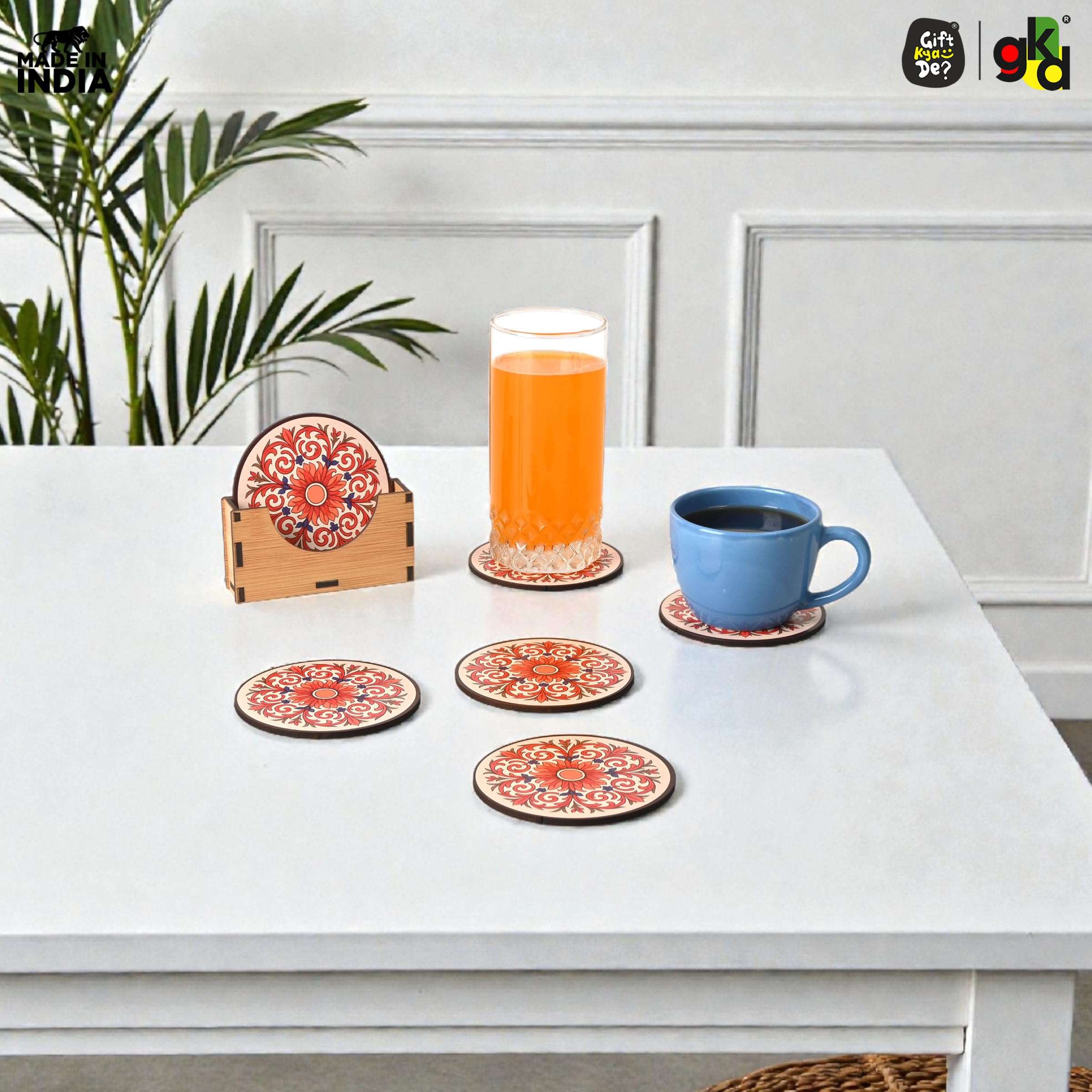 GKD Flower Coasters Wooden Tea & Coffee Coasters Set of 6 with Stand | Round Coasters 3.5 Inch | Heat & Water Resistant Table Coasters for Cups, Mugs & Glasses | Made in India 6