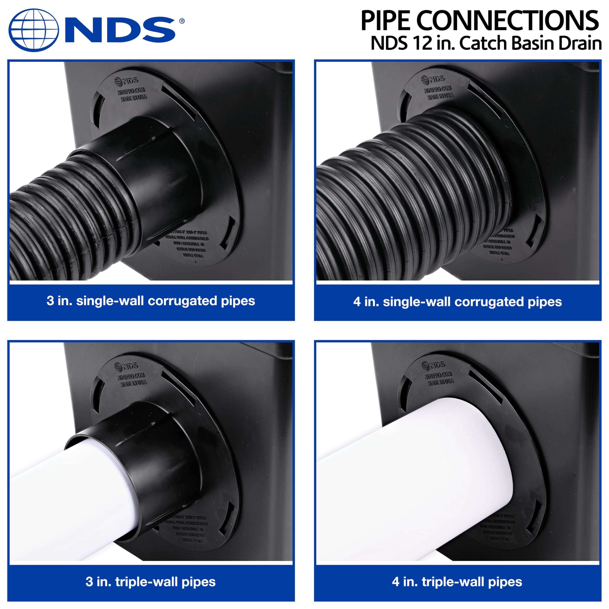 NDS 1244 Outlet Adapter for Catch Basin Fits 3 in. & 4 in. Drain Pipes, Black 4