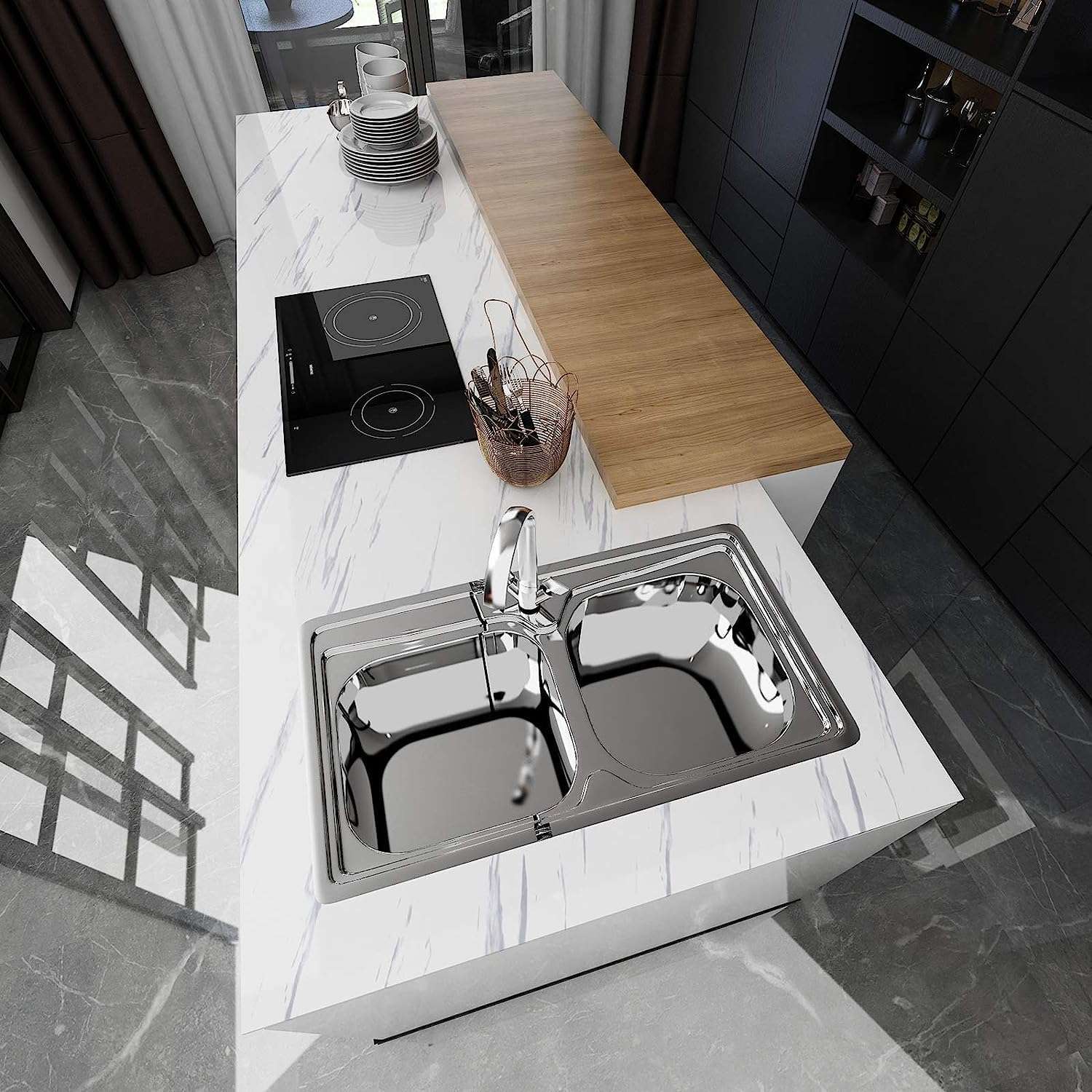 Cosmos Star Oil Proof Marble Wallpaper,Kitchen Backsplash Wall Protector High Temperature Resistant Self-Adhesive Sticker(12X100, White Grey Mrble) 6