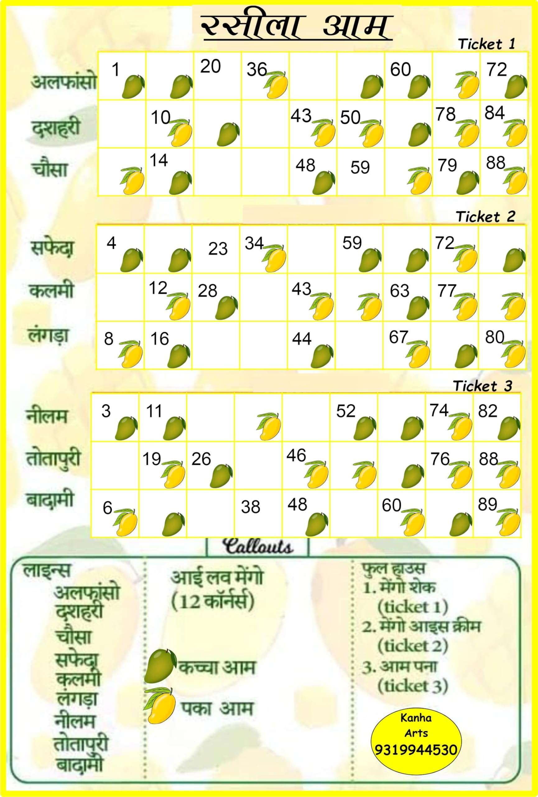 Kanha Arts Disco Dandia Tambola Ticket & Mango Theme Rasila Aam Durable Hard Card Sheet Material for Interactive Learning & Play 4