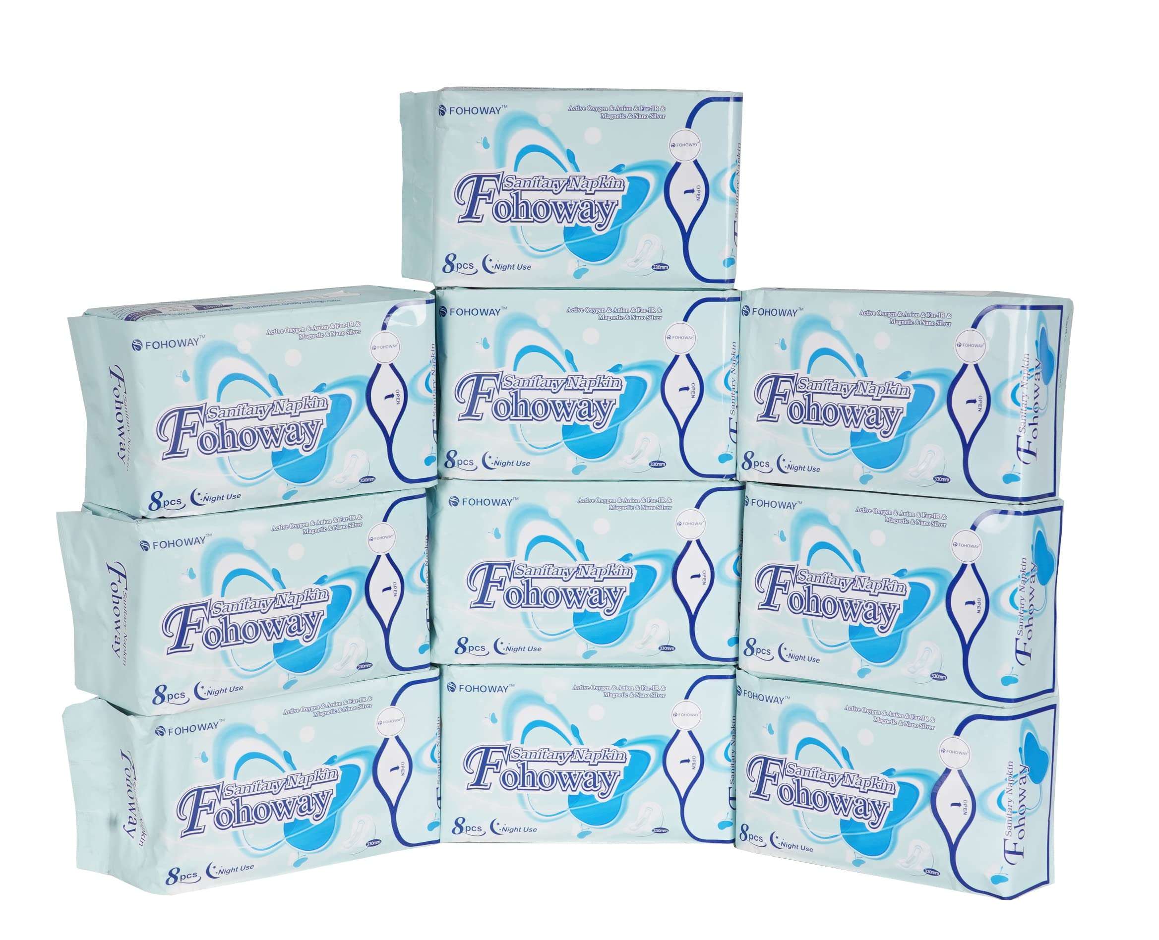 FOHOWAY Active oxygen & Anion & far IR & Magnetic & Nano Silver Night Use (8Pcs) (Pack of 10) Sanitary Pad 3