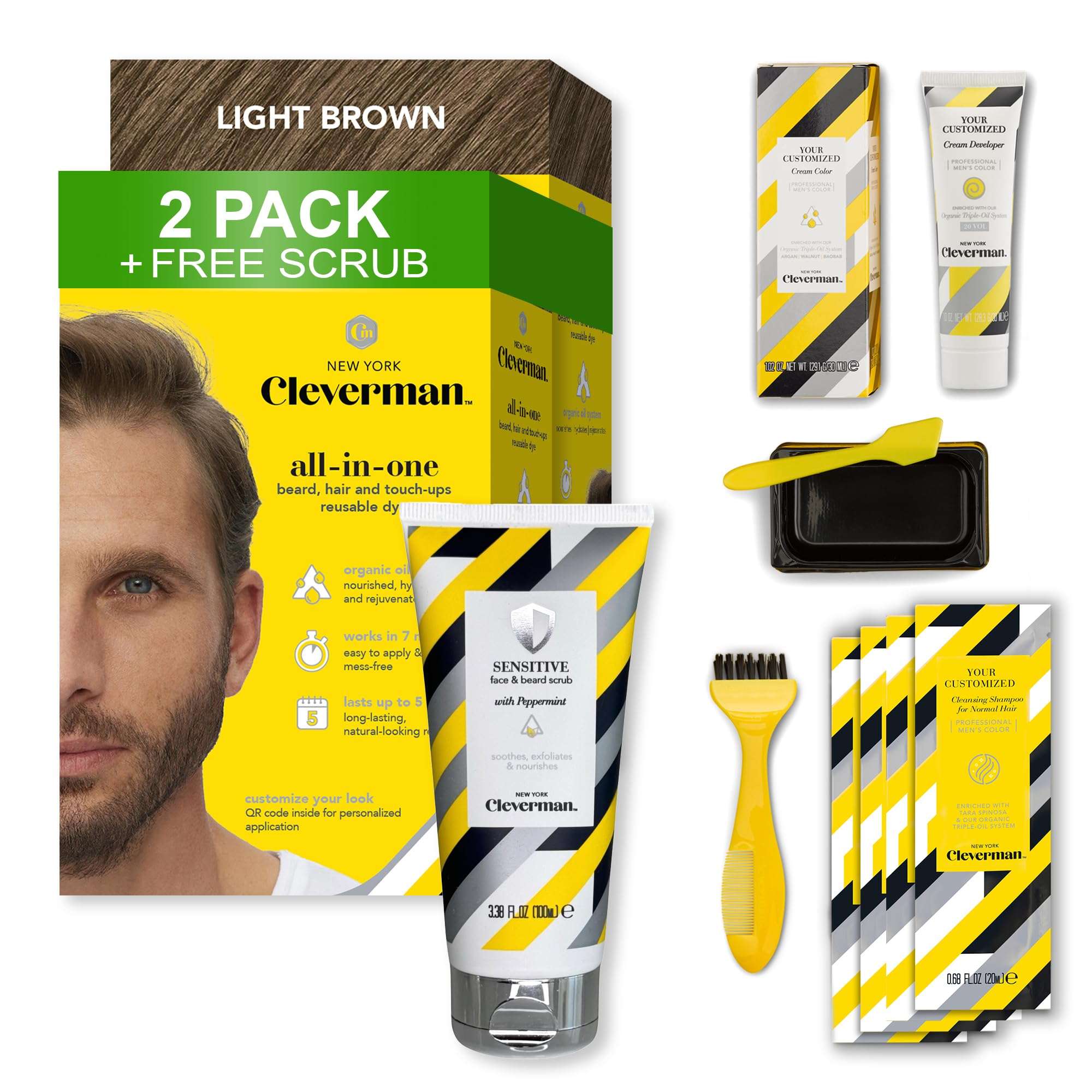 Cleverman 2 Pack - Light Brown Hair & Beard Dye for Men x2 + 1 Free Sensitive Face & Beard Scrub 1