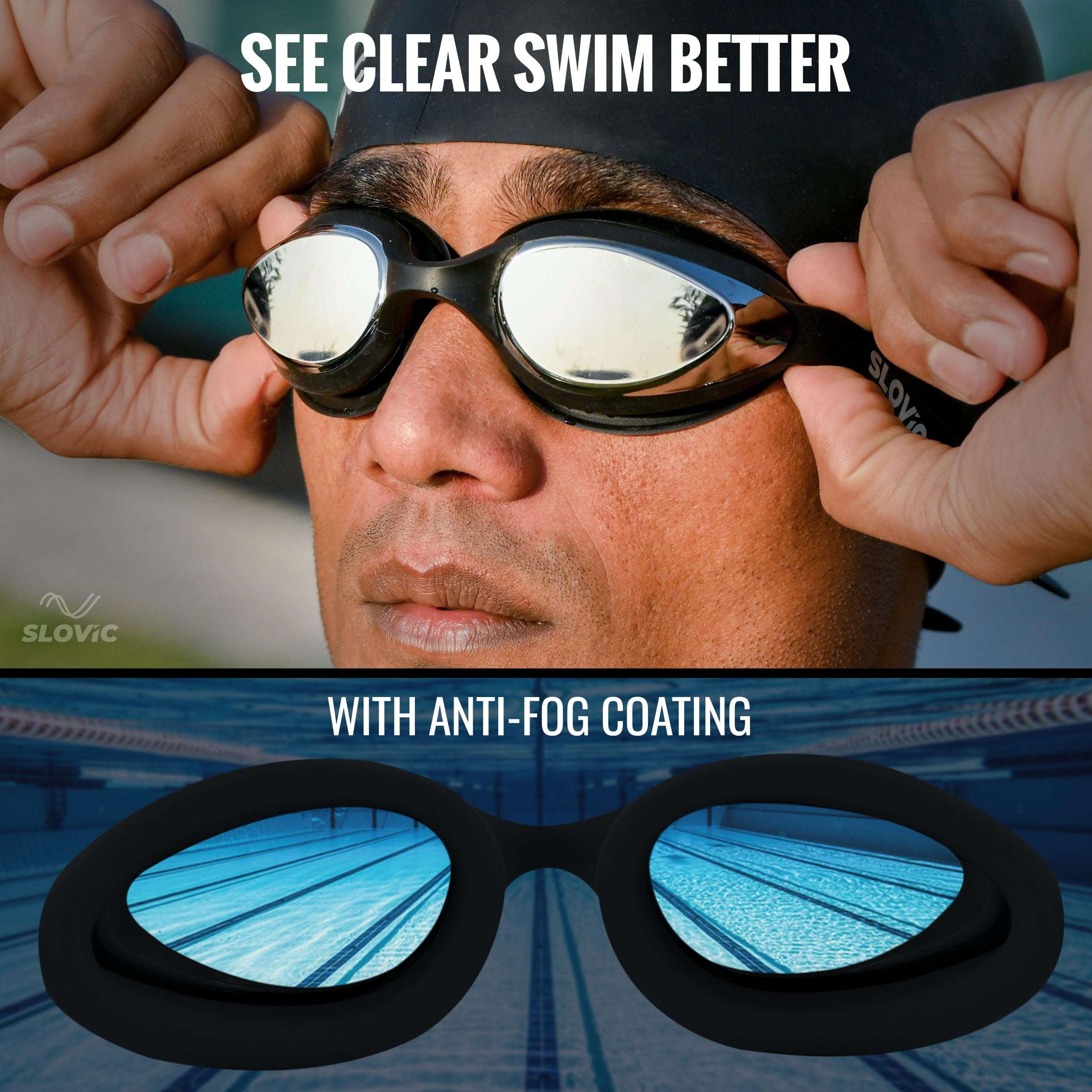 SLOVIC Swimming Kit | Swimming Goggles & Swimming Cap with Ear Plug, Nose Clip | Stylish Pool Cap for Long Hair | UV Protection | Anti Fog | Free Size Swim Cap | Black Combo 4