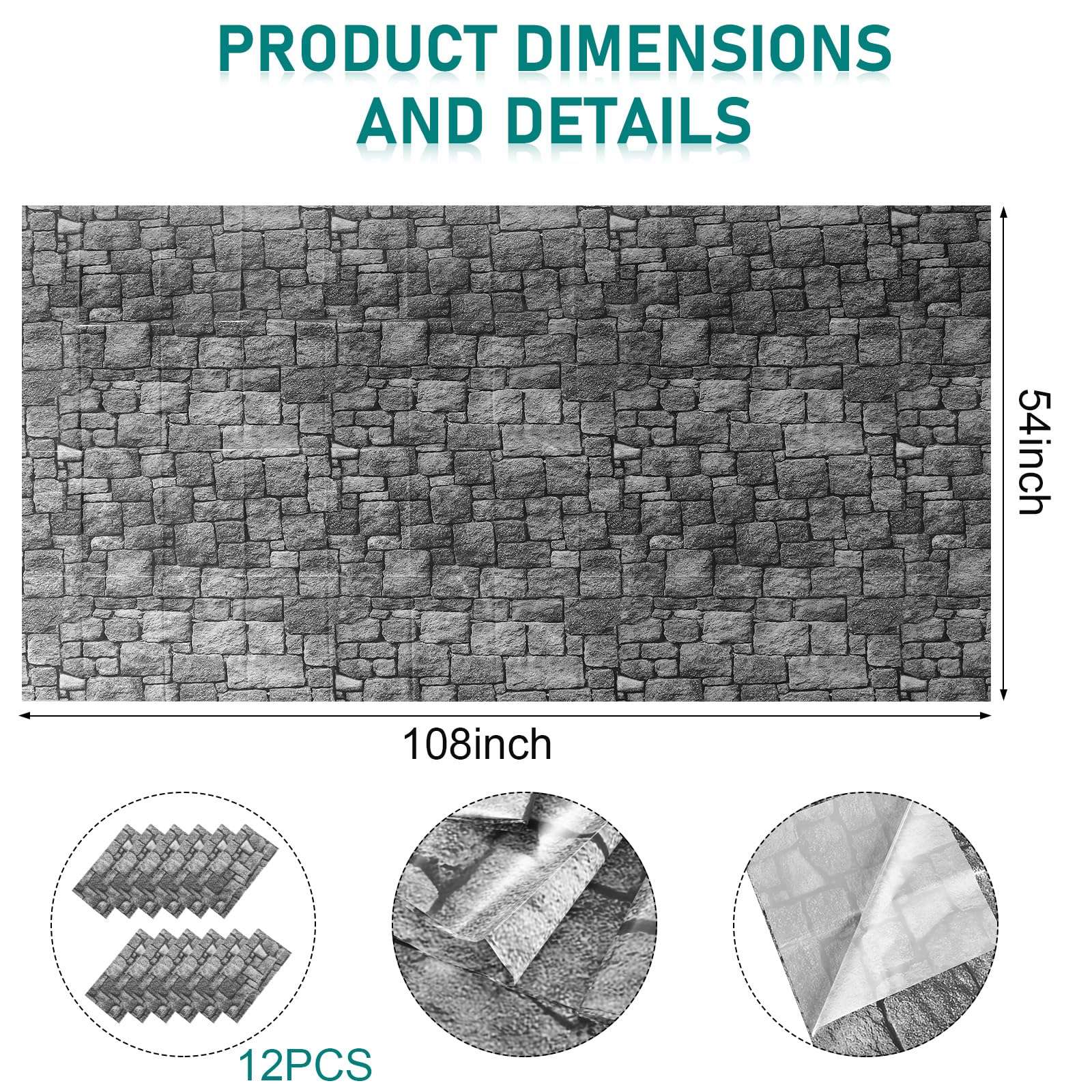 12 Sheets 4.5 x 9 Feet Brick Stone Wall Backdrop Tablecloths Halloween Medieval Castle Party Decorations Wallpaper Curtains Door Removable Brick Photo Backdrop for Winter Christmas Party (Dark Gray) 3
