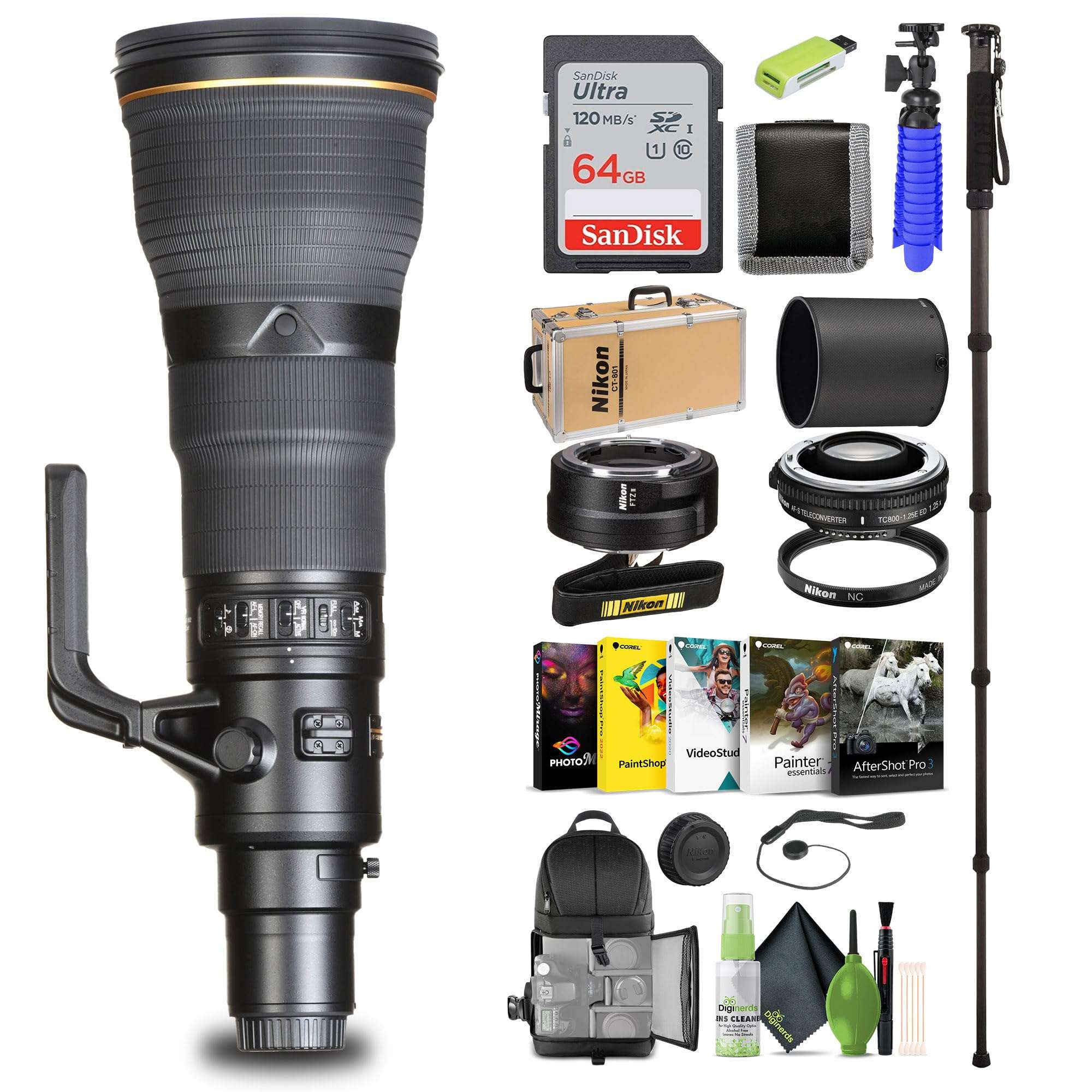 Nikon - AF-S NIKKOR 800mm f/5.6E FL ED VR Super-Telephoto Lens for Select Cameras (2205) + FTZ II Adapter + 64GB Memory Card + Backpack + Monopod + Card Reader + Corel Photo Software + More 1