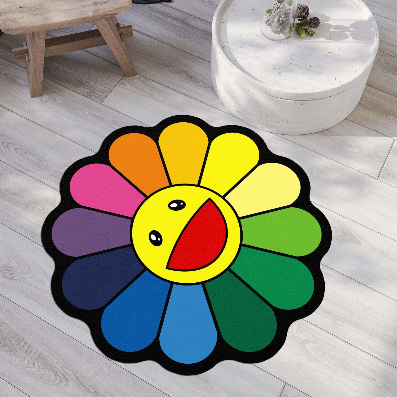 Takashi Murakami Sunflower Area Rug Colourful Special-Shaped Sunflower Floor Mat Modern Non-Slip Home Decor Carpet for Living Dining Room Bedroom 5Ft 2