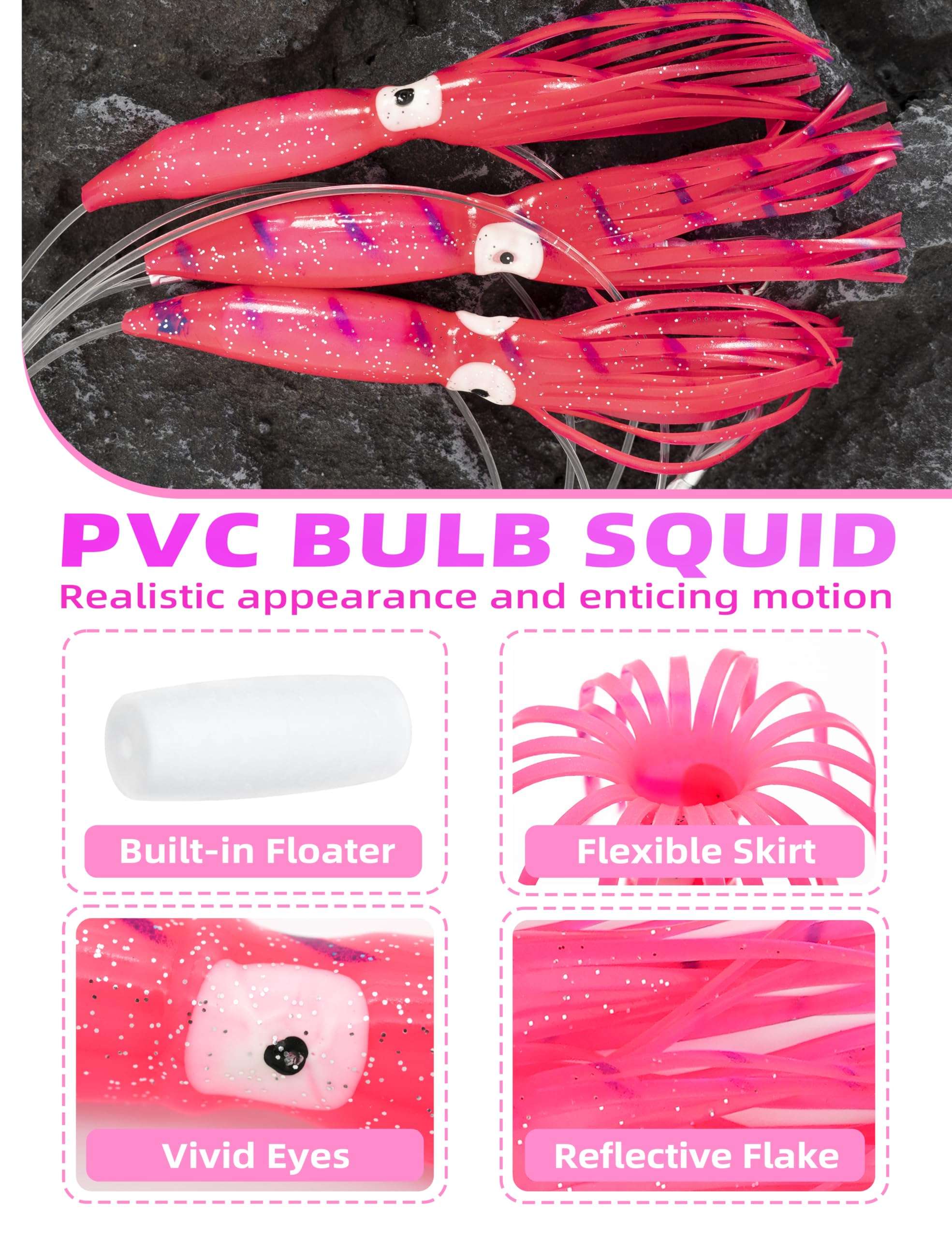 BLUEWING 36" Upgraded Fishing Spreader Bar Formation with 9" Floating Squids and 316 Stainless Steel Rod Offshore Spreader Bar for Wahoo Tuna Marlin Mahi Mahi, Pink 4