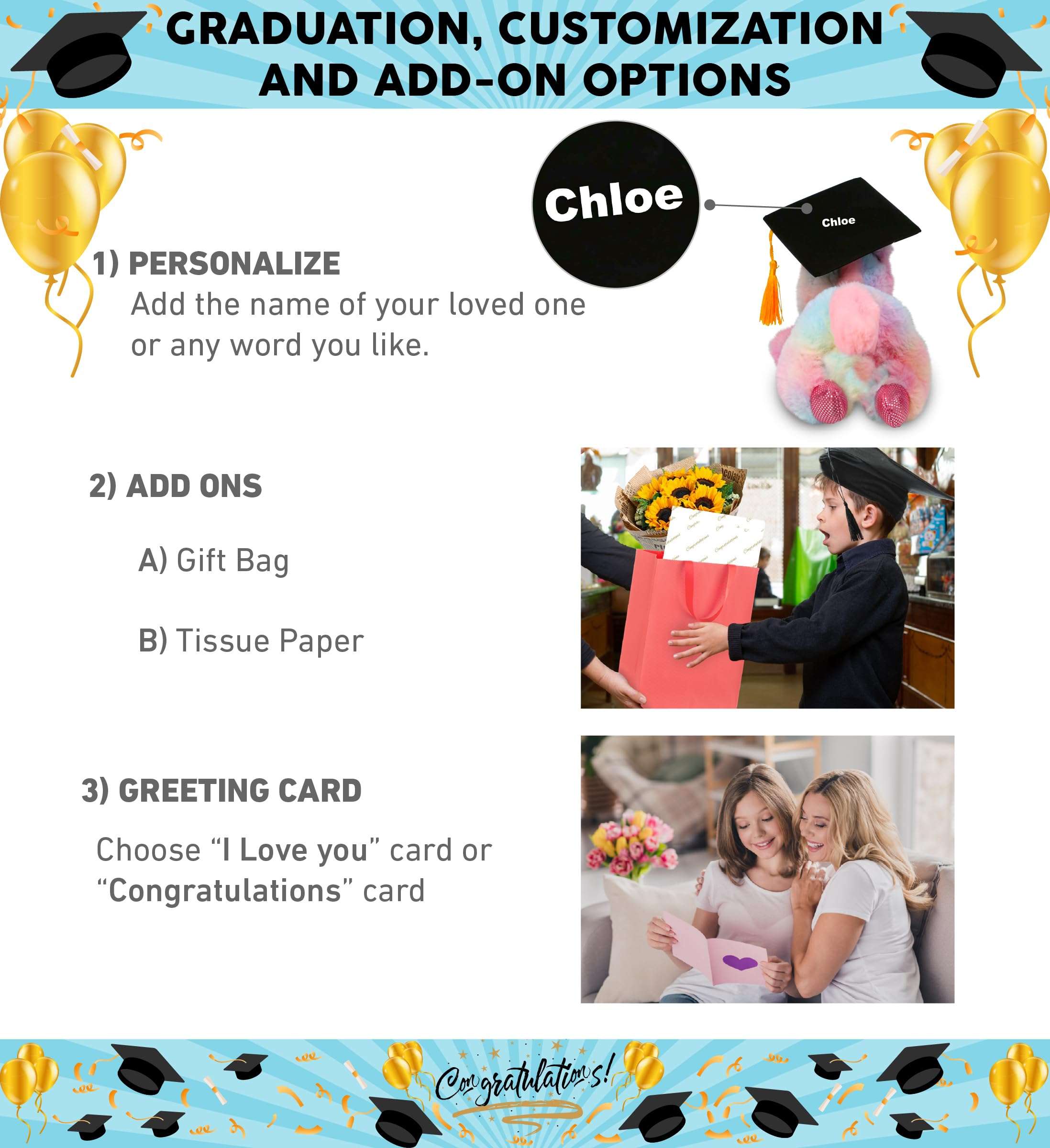 DolliBu Sunday Rainbow Unicorn Graduation Plush Toy - Cotton Candy Plush Graduation Stuffed Animal Dress Up Gown and Cap with Tassel - Gift with Personalization - 10.5 Inches 3