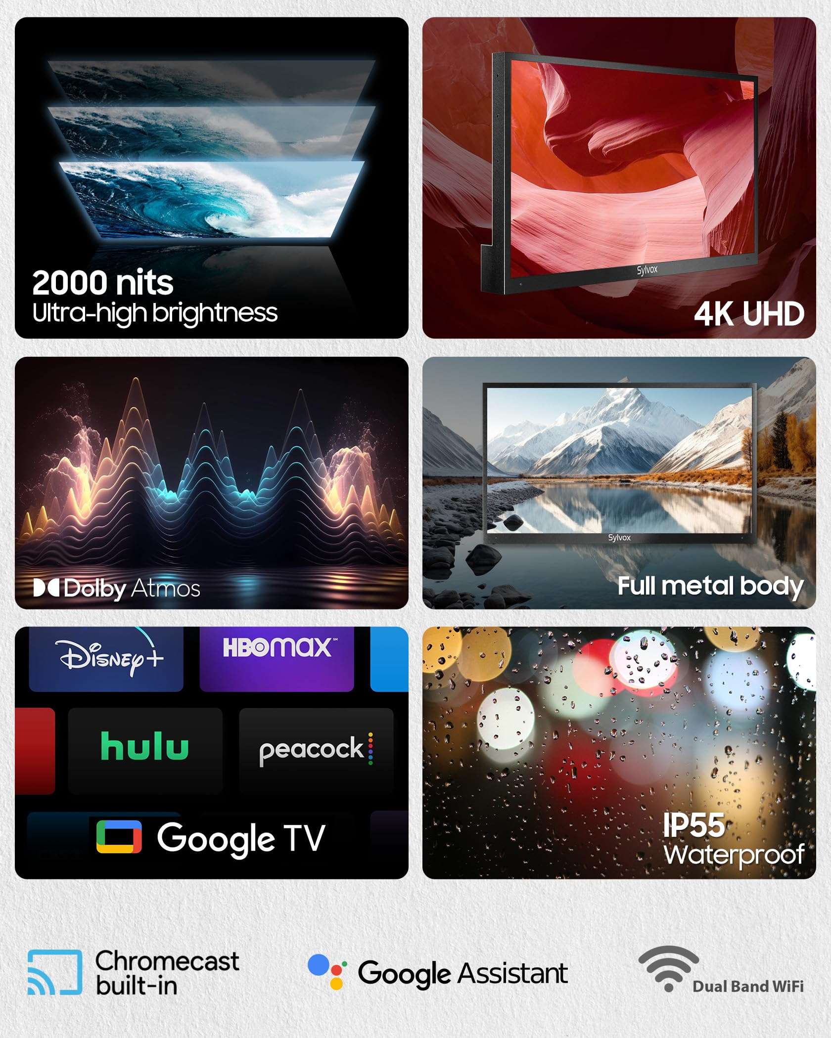 SYLVOX Outdoor TV with TV Soundbar, 55 inch 2000 Nit High Brightness Smart Outdoor TV, 4K Sunlight Readable Display, IP55 Waterproof, Smart TV for Outdoor Households or Commercial Places 3