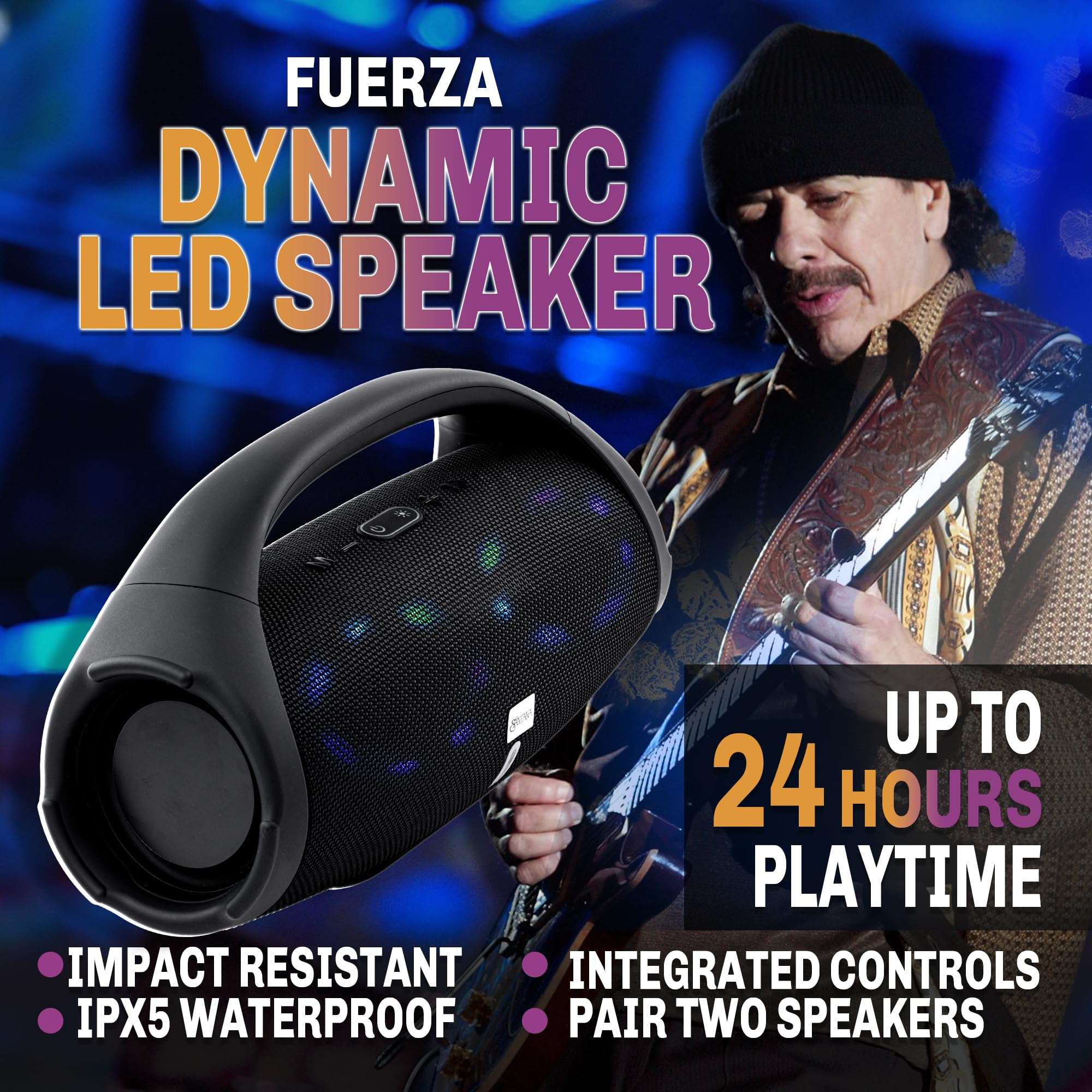SANTANA BY CARLOS SANTANA Bluetooth Speaker- Dynamic LED Speaker with 24 Hours Playtime, IPX5 Waterproof, Impact Resistant, Integrated Controls, Pairable for Rock Solid Sound | Fuerza | Black 2