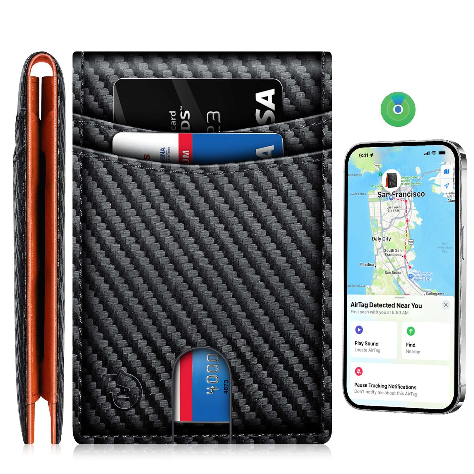Smart Wallet For Men Work For Apple Find My (Ios Only) APP, Slim Mens Wallet with Tracker Carbon Fiber Bifold Credit Card Holder With Rechargeable Battery(Not For Android) Carbon Black & Orange