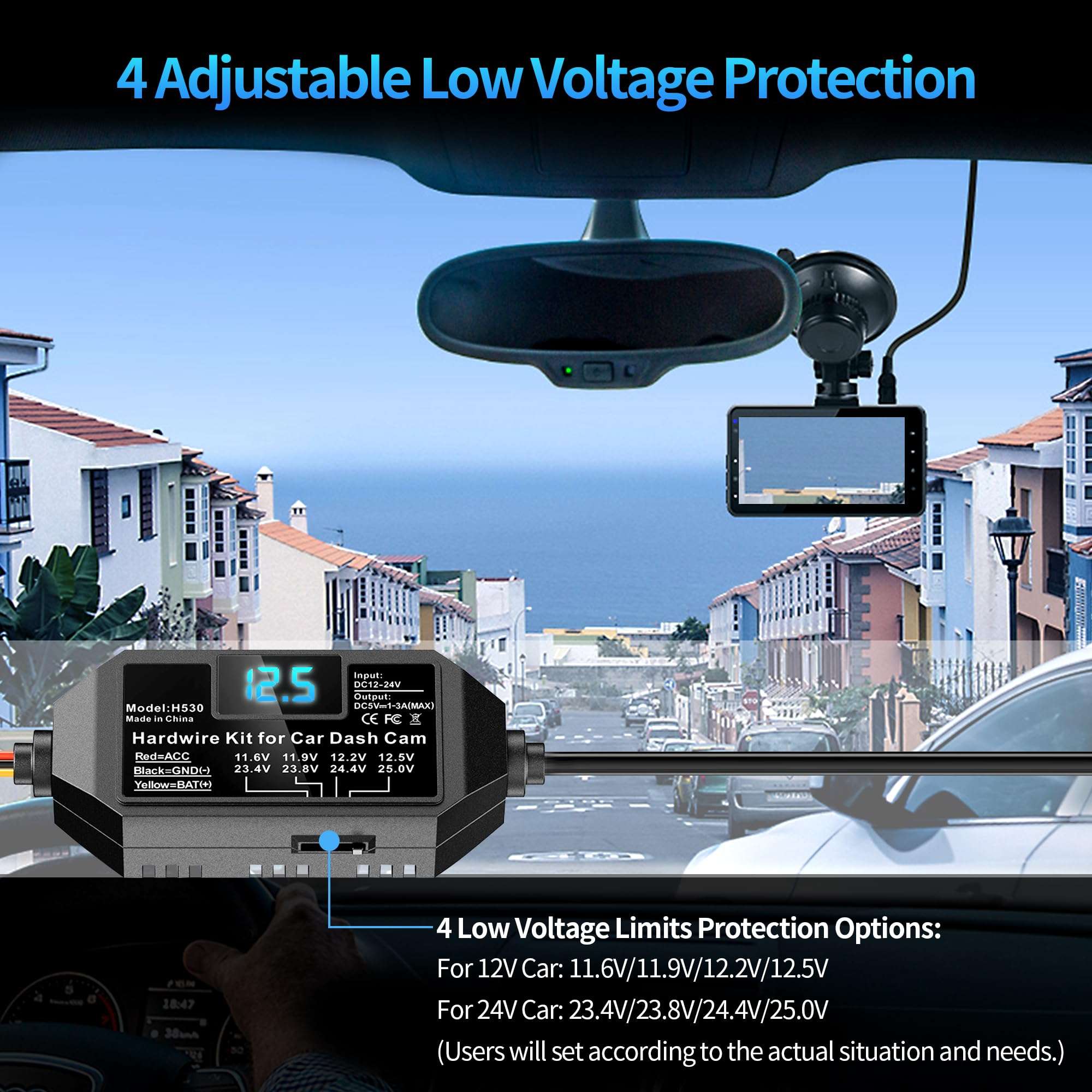 AUCARAUTO Universal Mini USB Dash Cam Acc Hardwire Kit with LED Voltmeter and Adjustable Low Voltage Protection, 11.5ft Multi-Size Hardwire Kit for Dash Camera 24H Parking Monitoring 5