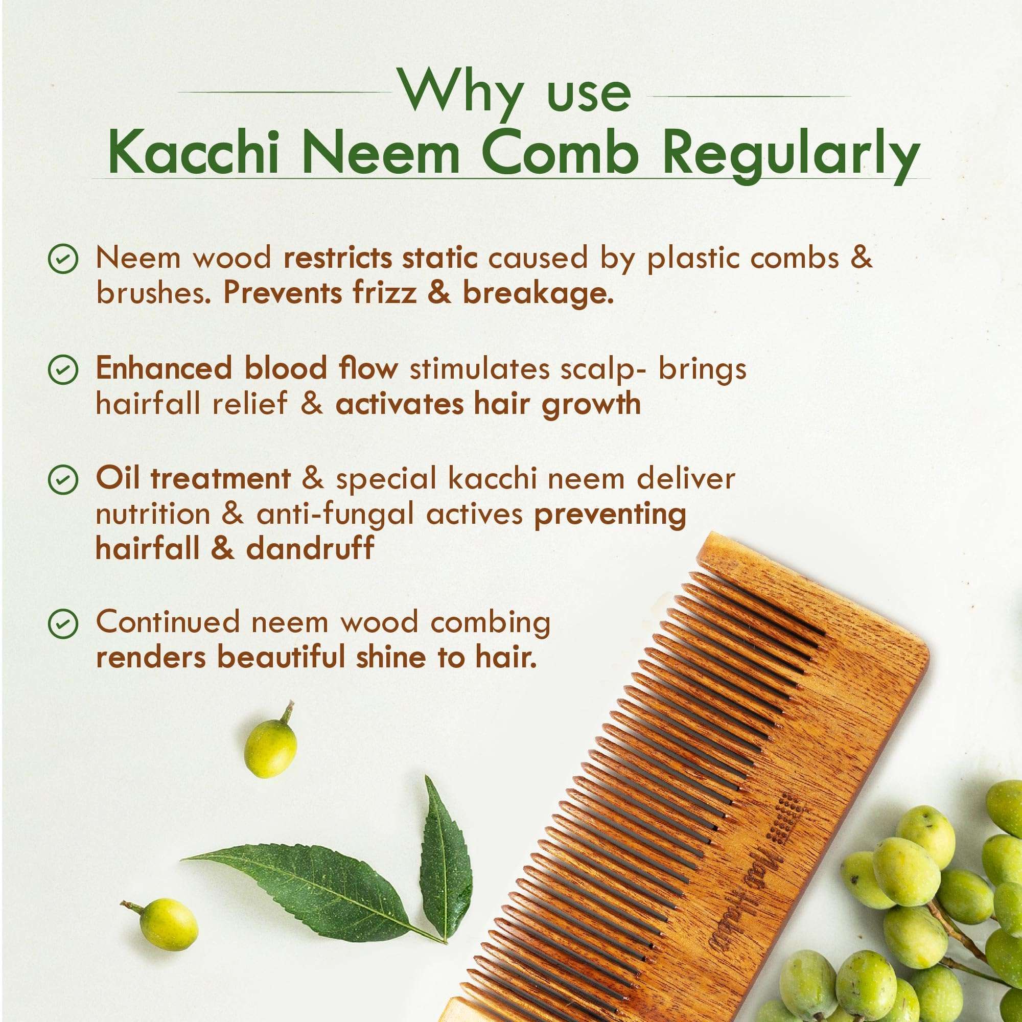 Nat Habit Kacchi Neem Wooden Comb, Soaked In 13 Herbs, Neem & Sesame Oil For Men & Women Daily Styling & Detangling (Fine Tooth Small Size) Pack of 1 6