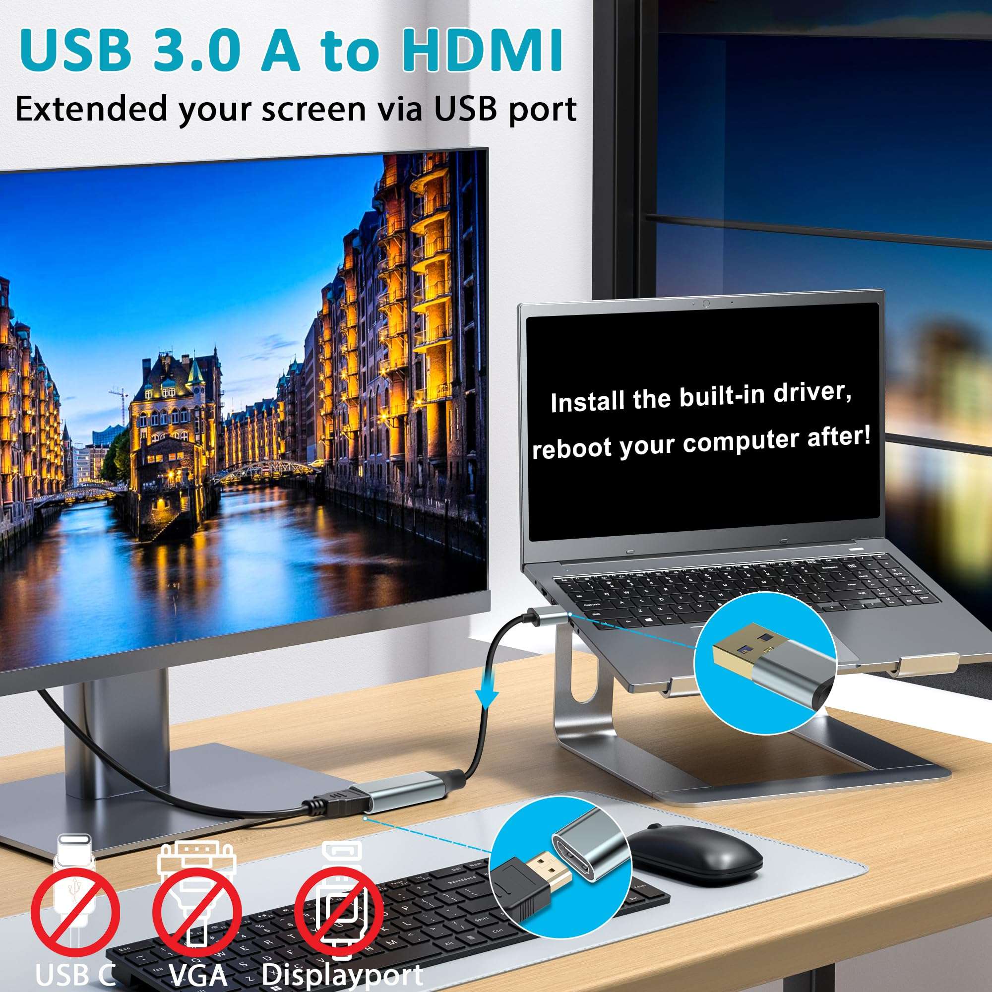 Herfair USB to HDMI Adapter USB A to HDMI Female Converter for Laptop/PC/Computer to 1080P Monitor TV Screen Projector, Support MacOS & Windows 11/10/8.1/8/7, Driver Install Required 5