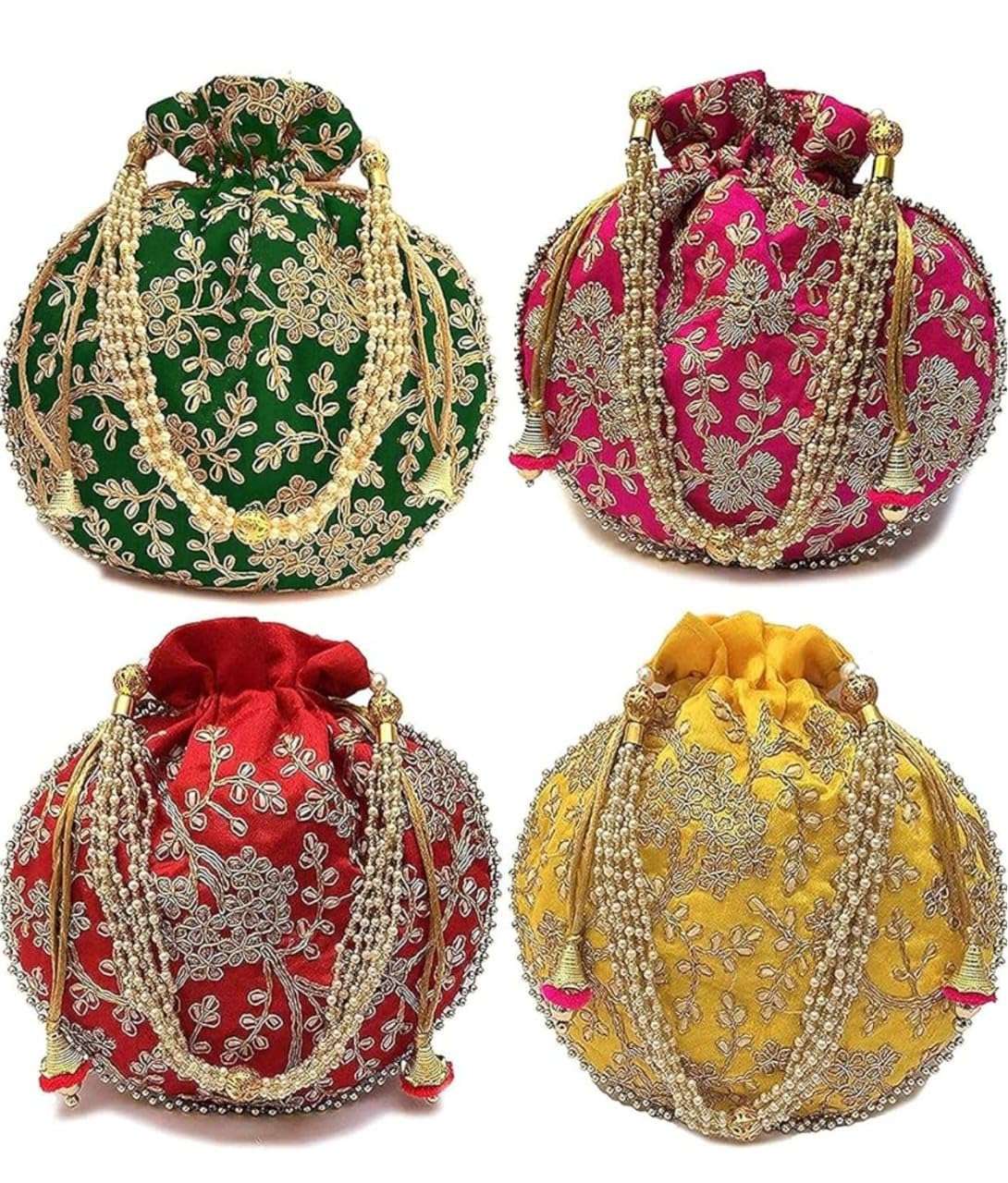 Embroidered Potli Bag | Leaf Floral Design With Moti Handle Batwa Bag | Traditional Shagun Potli for Return Gifts | Ideal for Mehandi, Haldi, Baby Shower, Wedding, Sangeet (5) 3